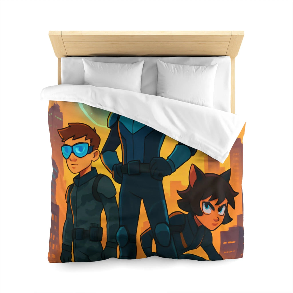 Ensemble d'aventure animé avec enfants héros sur fond urbain au crépuscule