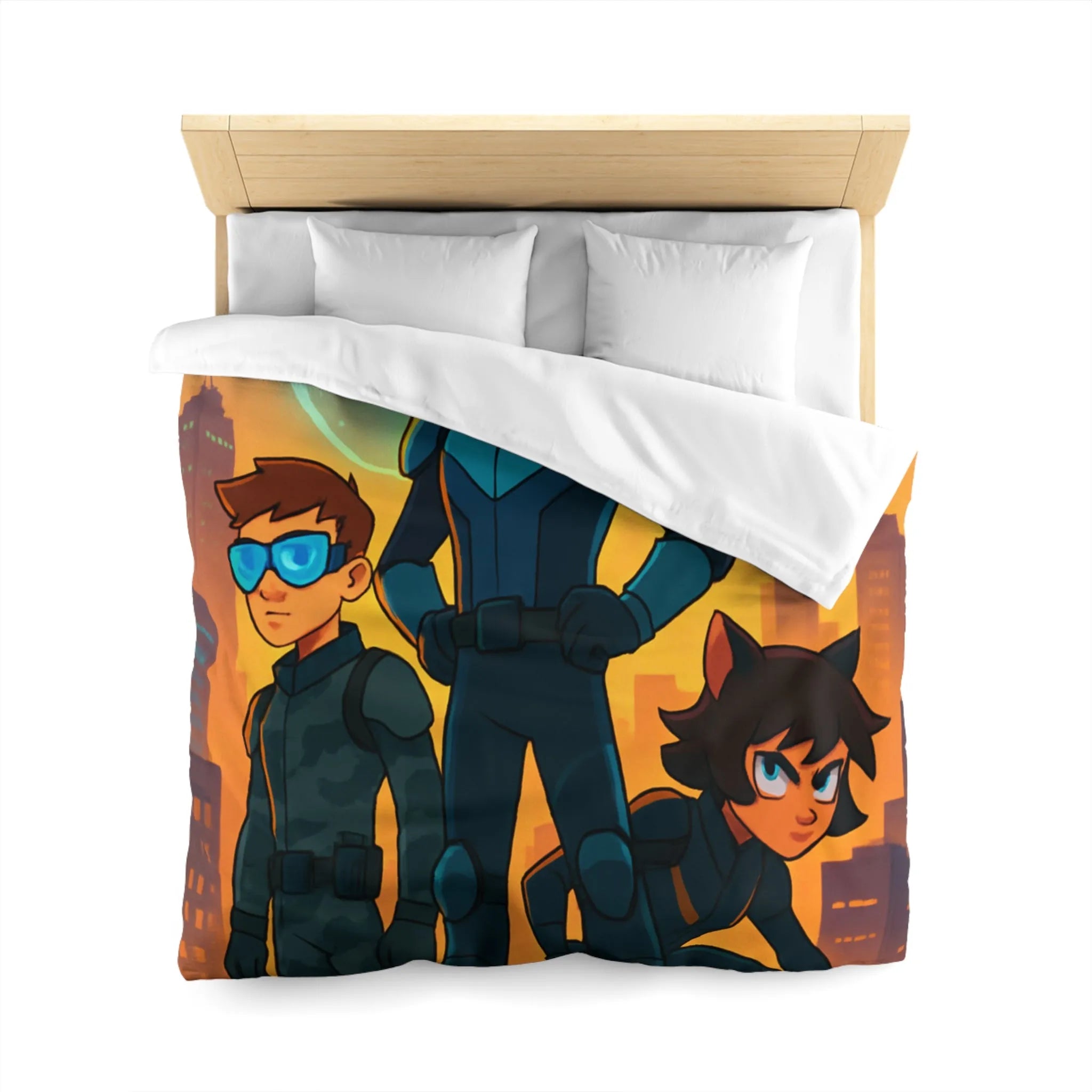 Ensemble d'aventure animé avec enfants héros sur fond urbain au crépuscule