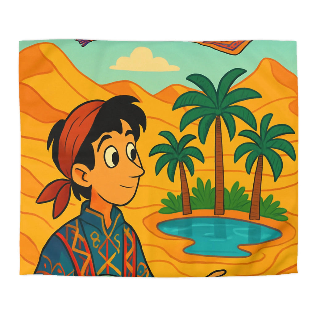 Housse de couette magique avec tapis volants et oasis sous ciel bleu désertique