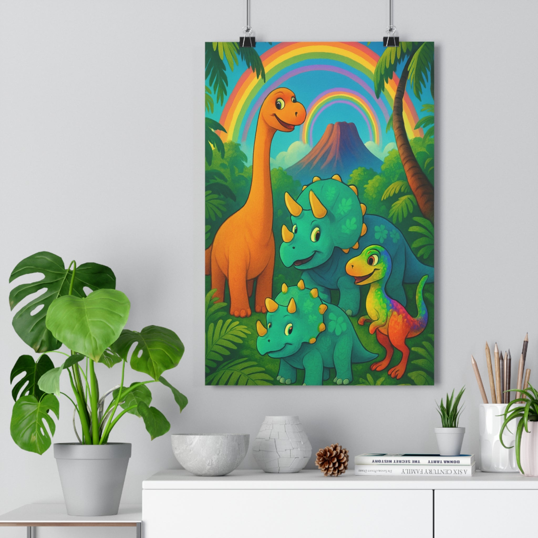 Poster décoratif cartoon vibrant dinosaure joyeux enfant chambre coloré nature jungle amusant exotique mural