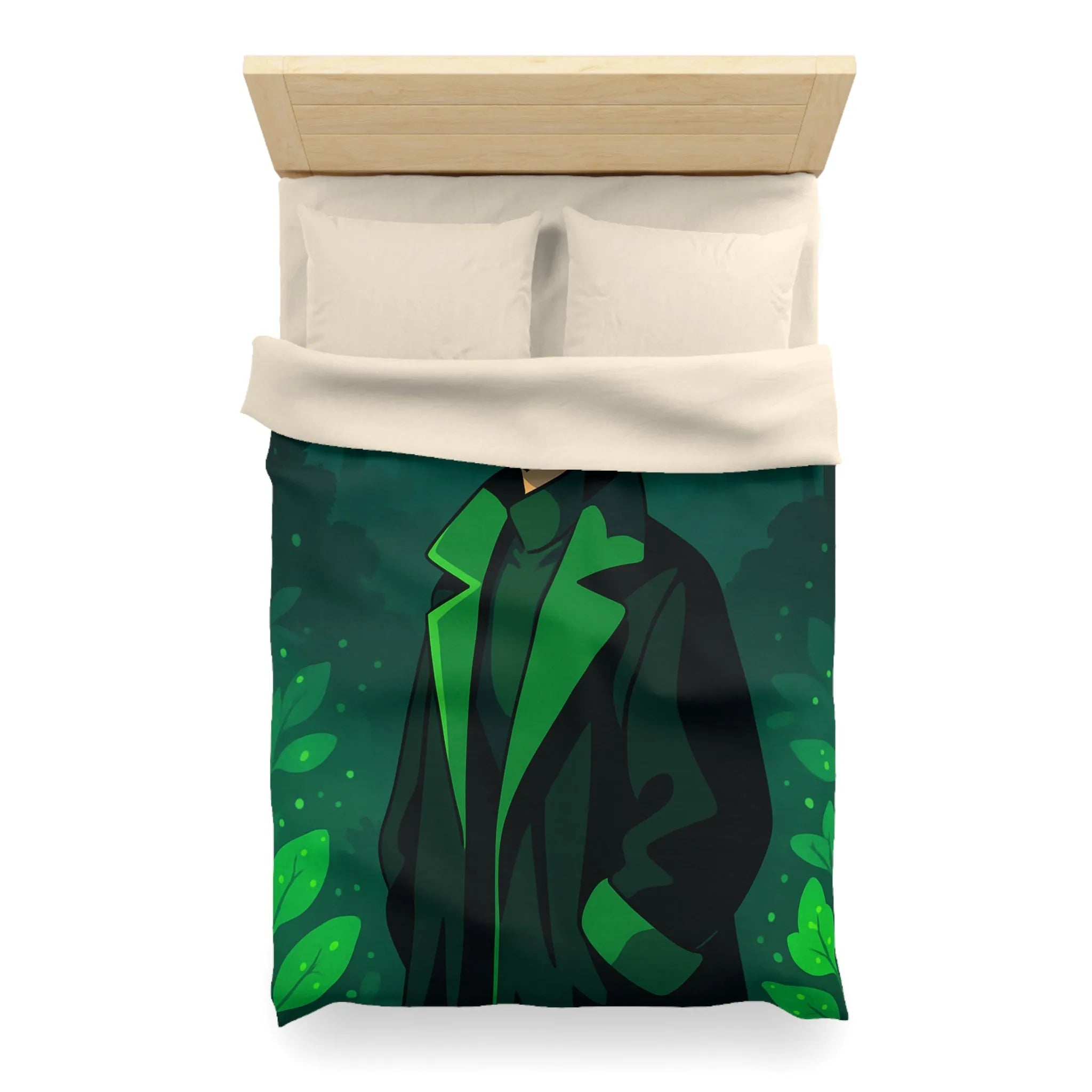 Housse de couette forêt graphique avec personnage mystérieux et nuances vertes élégantes