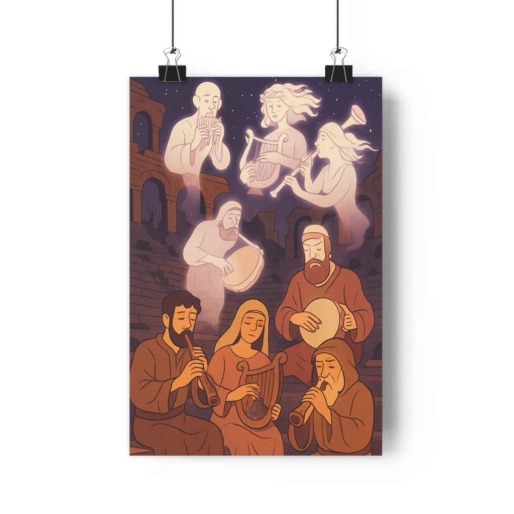 Poster décoratif mystique violet terreux vintage salon ambiance historique musique instruments artistes éthérés ruines