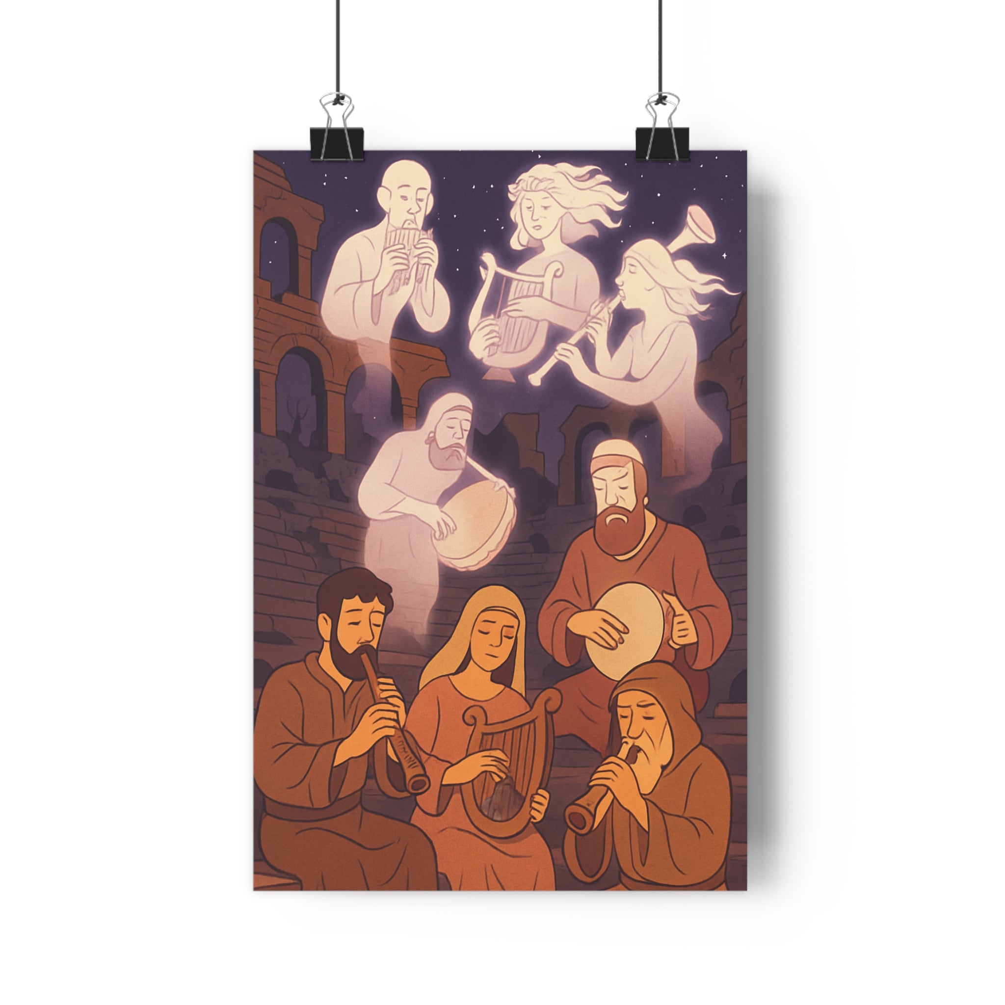 Poster décoratif mystique violet terreux vintage salon ambiance historique musique instruments artistes éthérés ruines