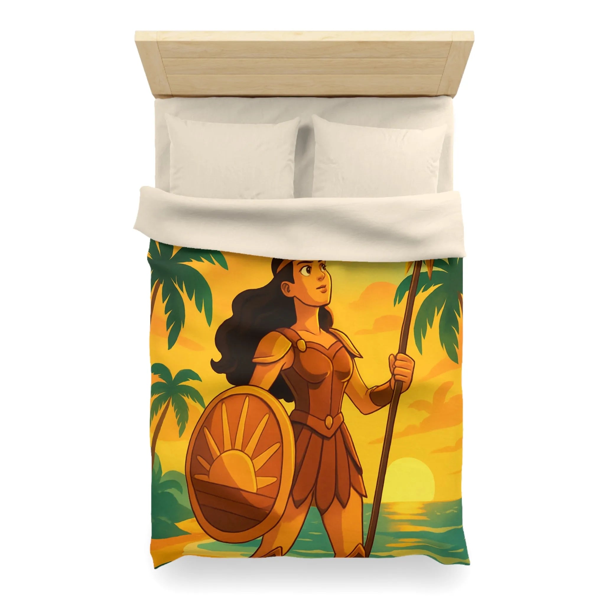 Housse de couette avec guerrière et aigle au coucher du soleil sur la plage