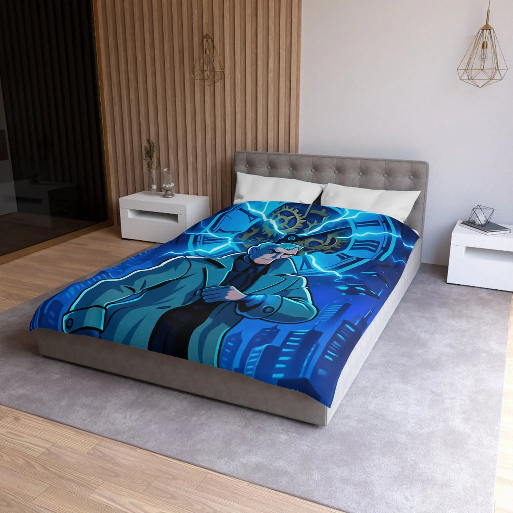 Housse de Couette Inspiration Futuriste avec Horloge Éclair et Personnage Mystérieux en Manteau