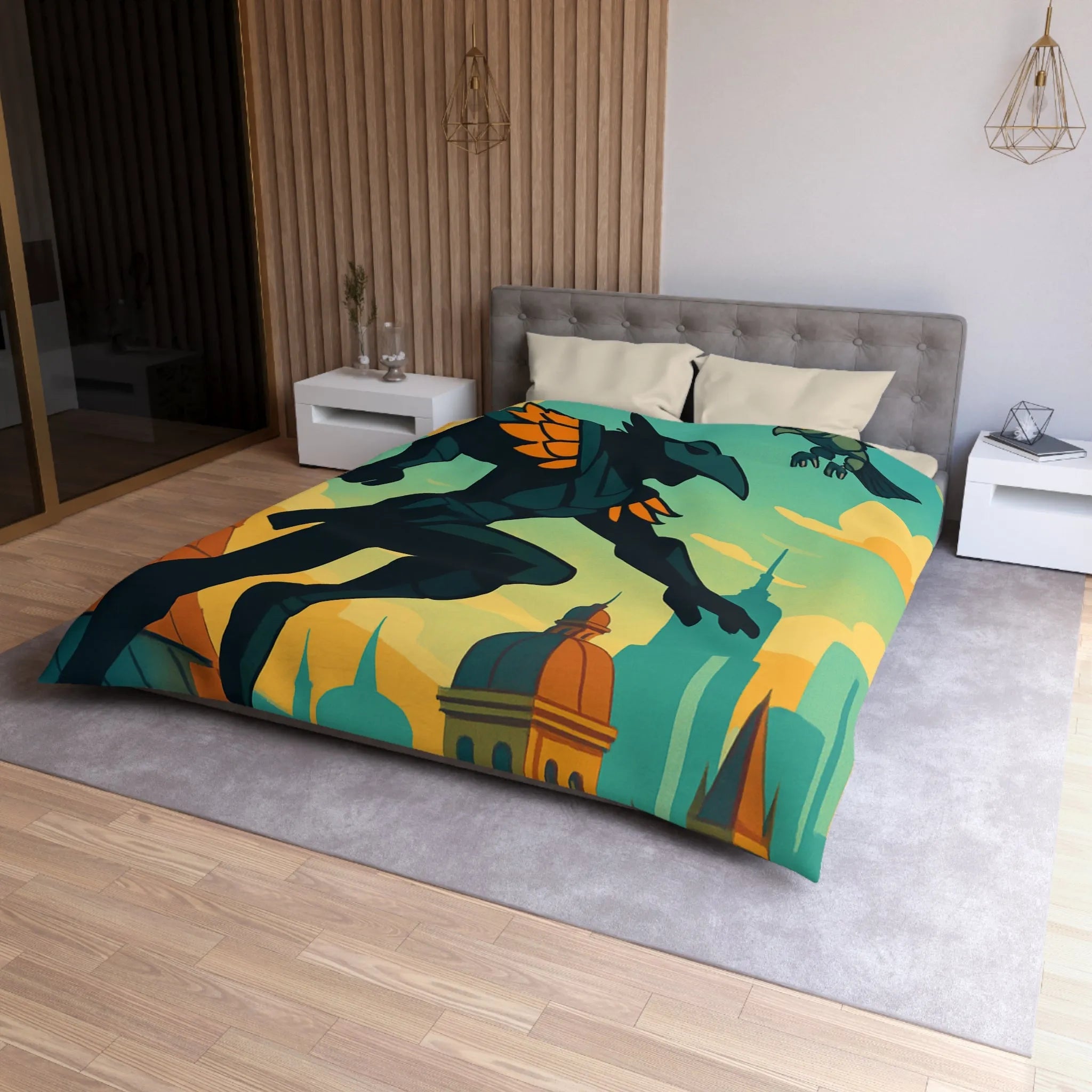 Housse de couette artistique avec silhouette et oiseau sur un toit urbain animé