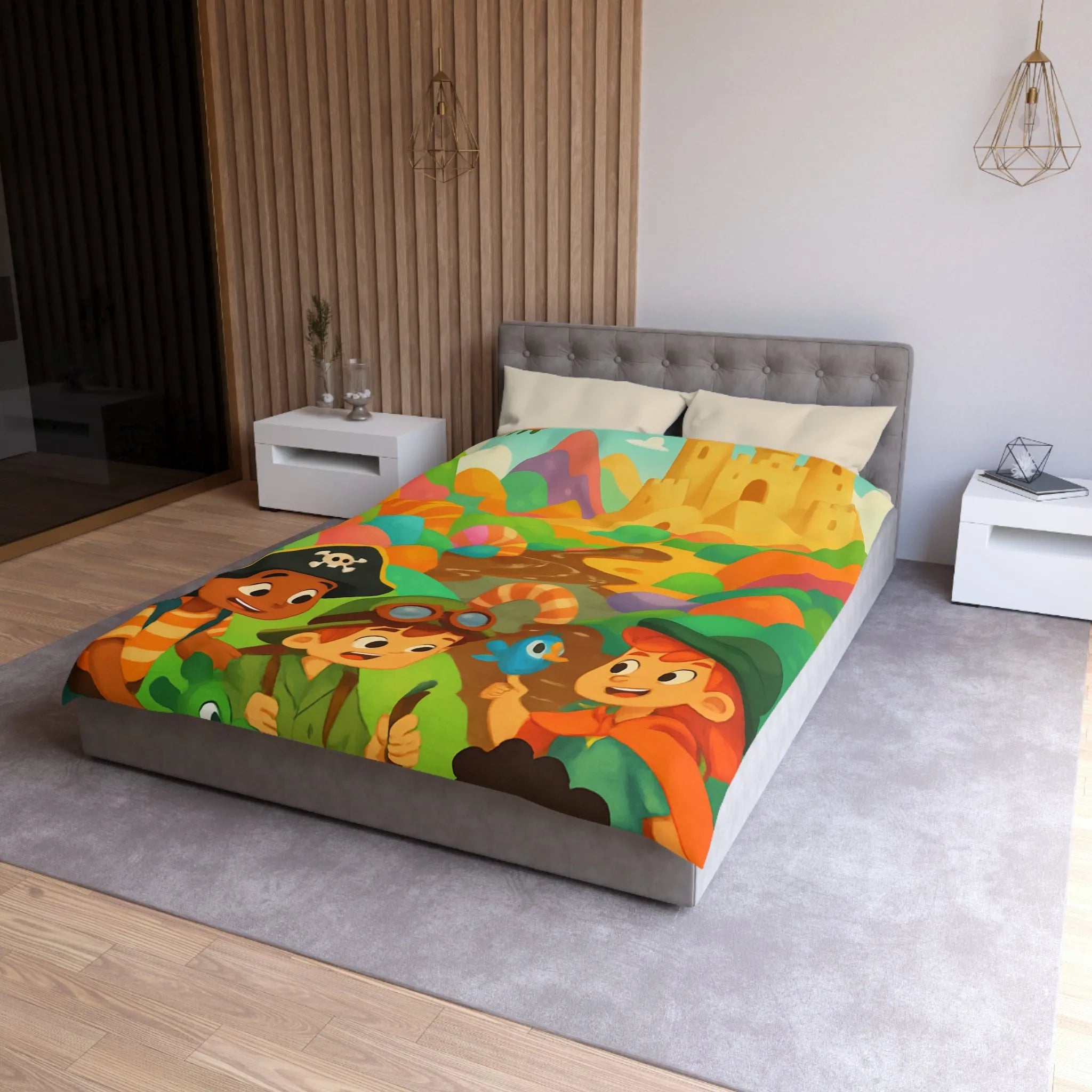 Housse de couette ludique pour enfants avec château et aventuriers aux couleurs vives