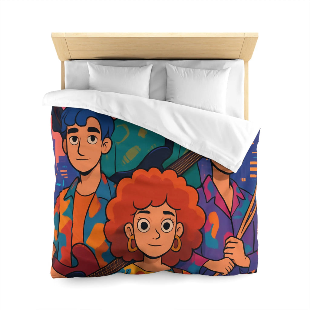 Housse de couette colorée avec groupe de musiciens devant un paysage urbain nocturne