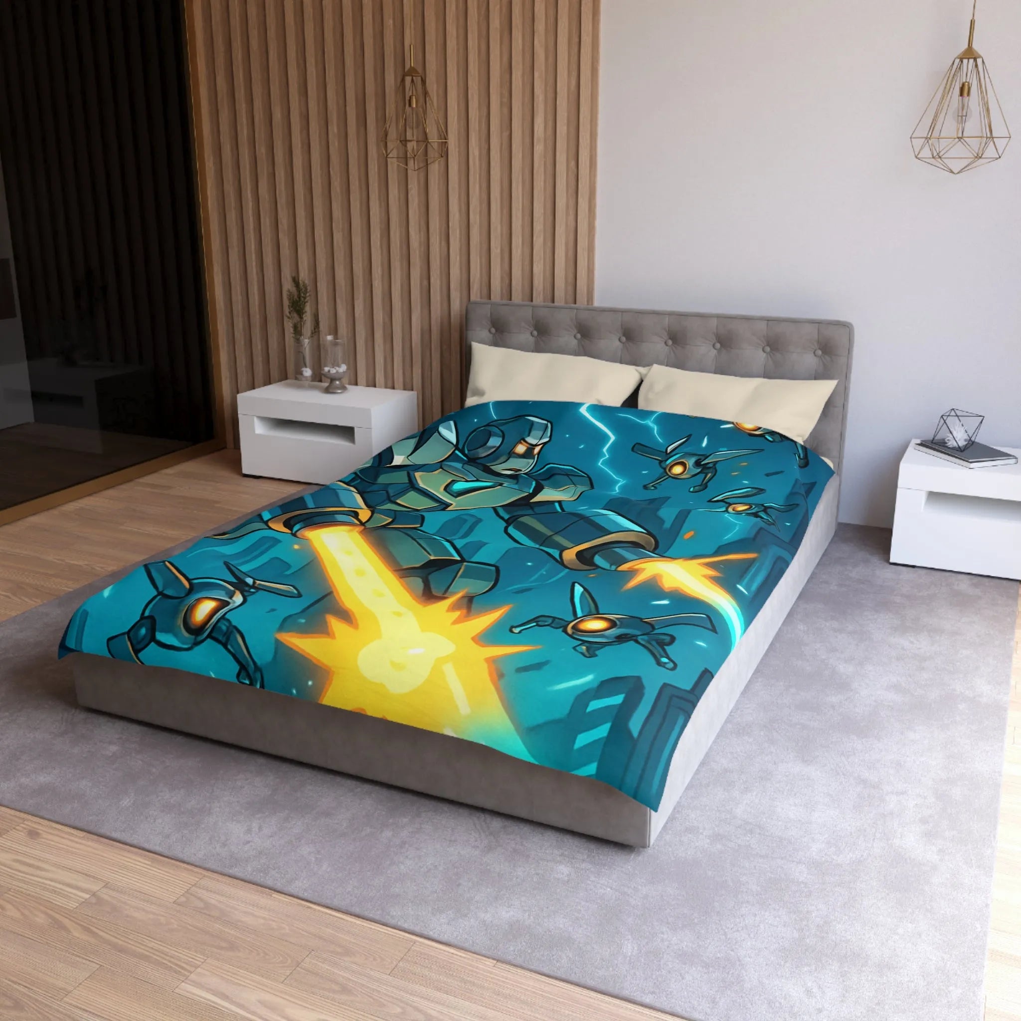 Housse de couette illustrant un robot tirant des lasers dans une ville futuriste la nuit