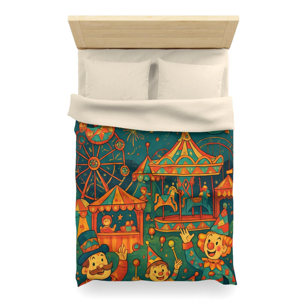 Housse de Couette Enfantine Colorée Fête Foraine avec Manège et Clowns Heureux