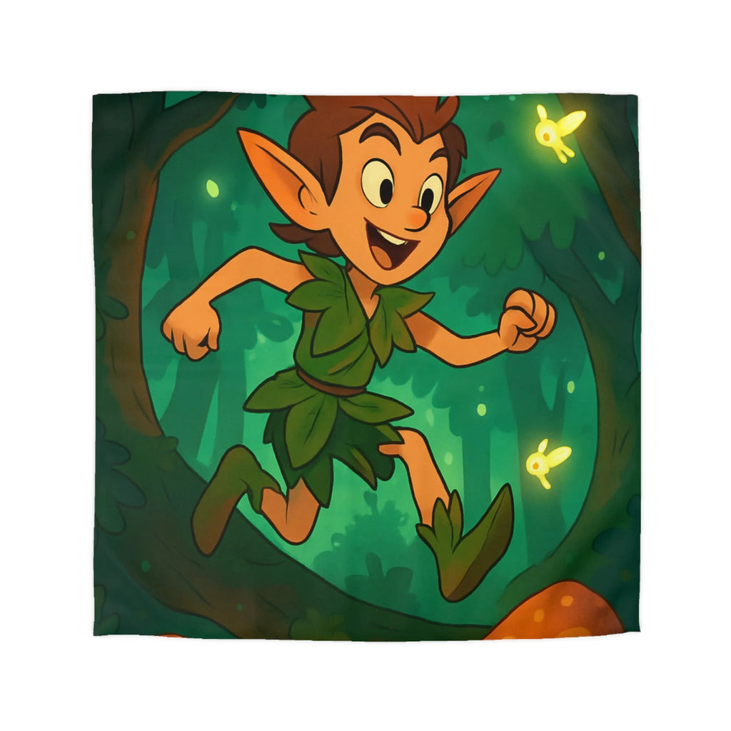 Housse de couette féérique avec elfes sautant parmi champignons lumineux en forêt