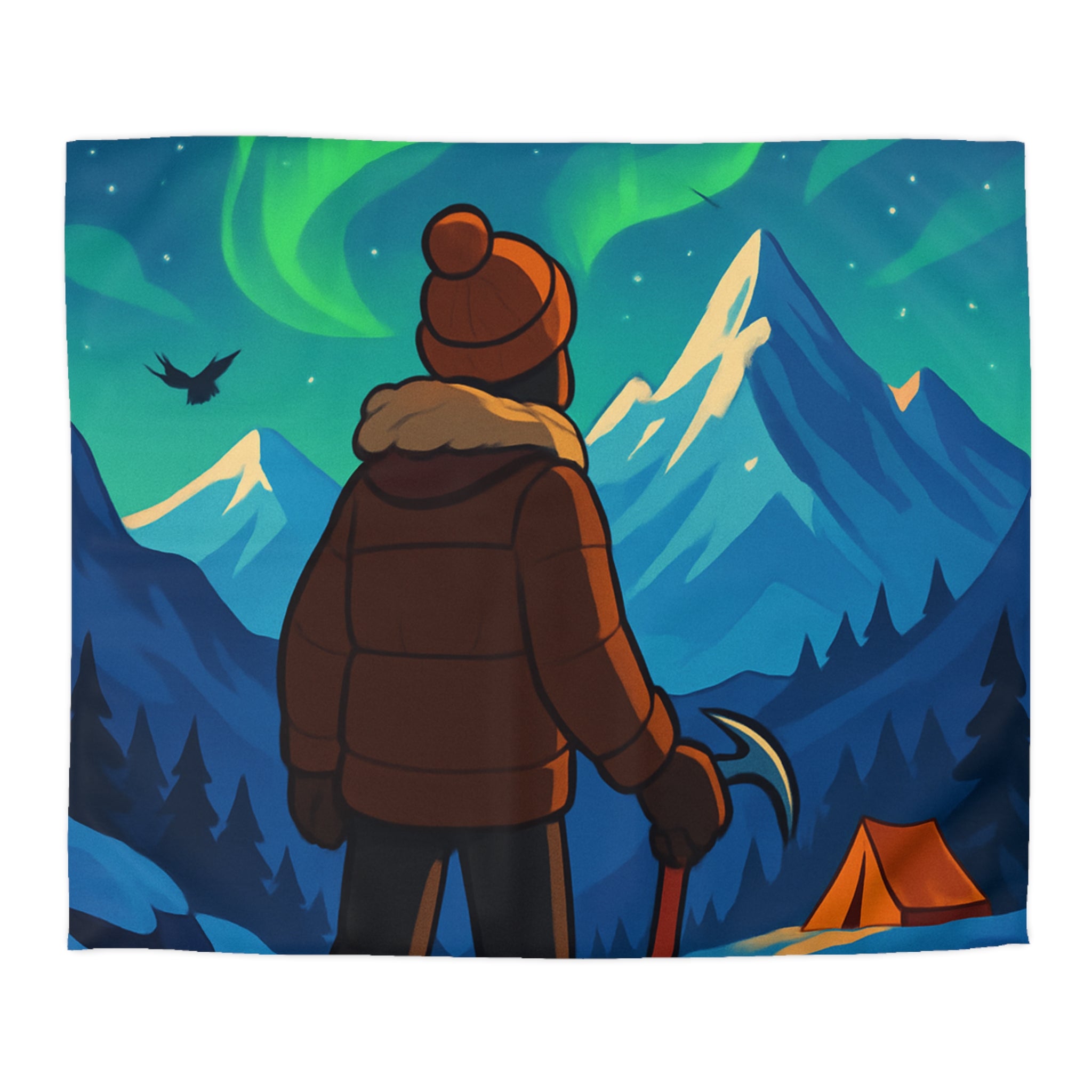 Housse de couette montagne avec aurore boréale, explorateur et tente lumineuse