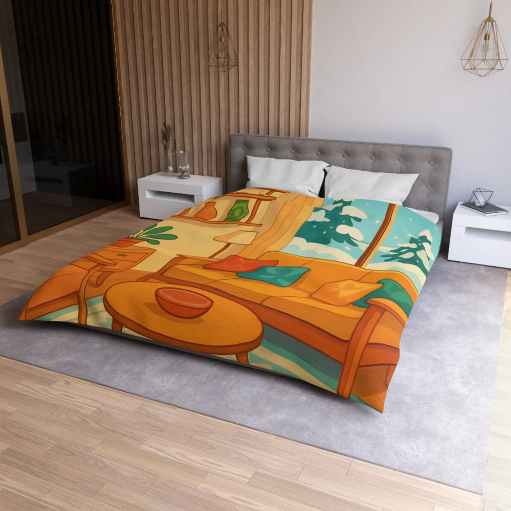 Housse de couette chaleureuse motif salon hiver, décor scandinave avec neige et plantes