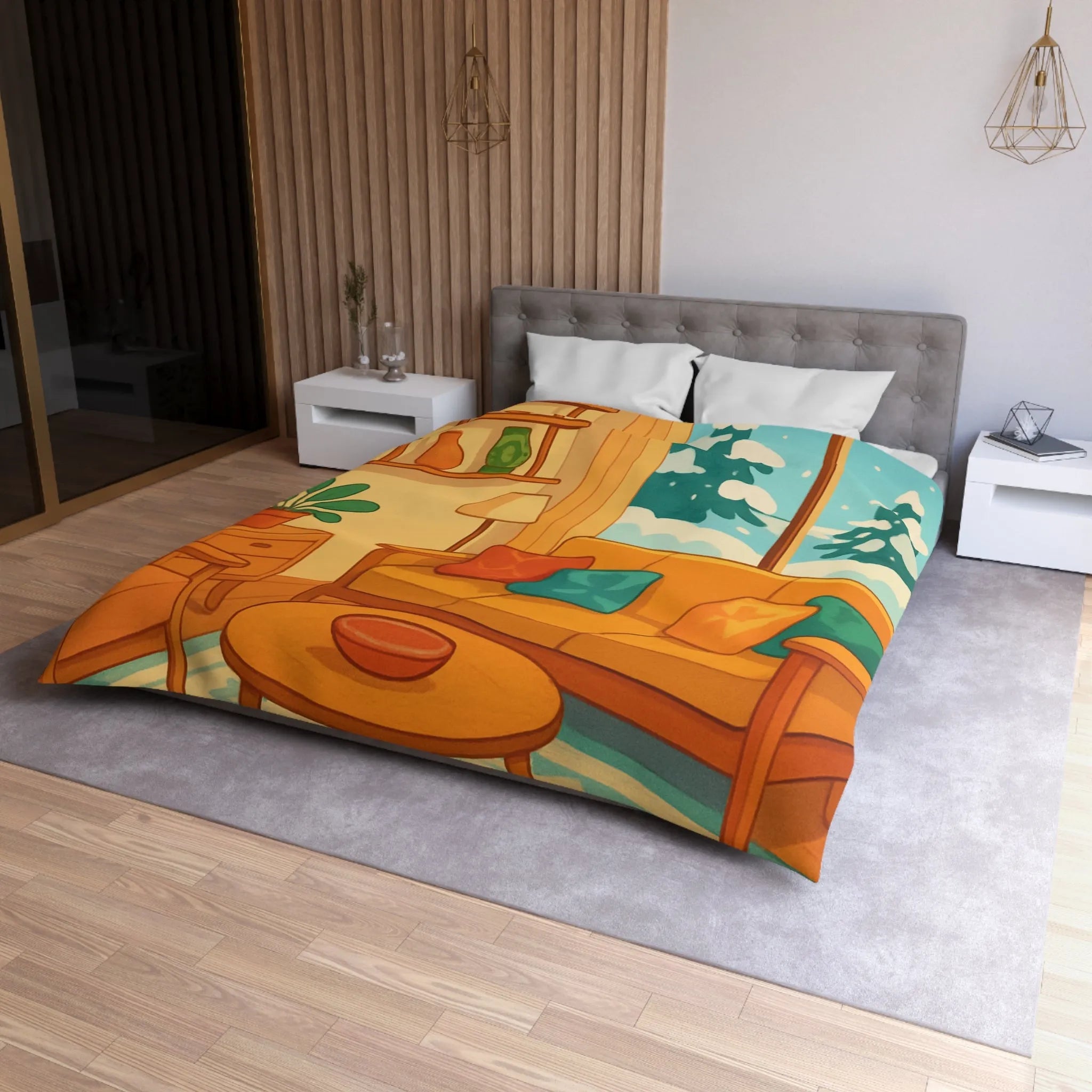 Housse de couette chaleureuse motif salon hiver, décor scandinave avec neige et plantes