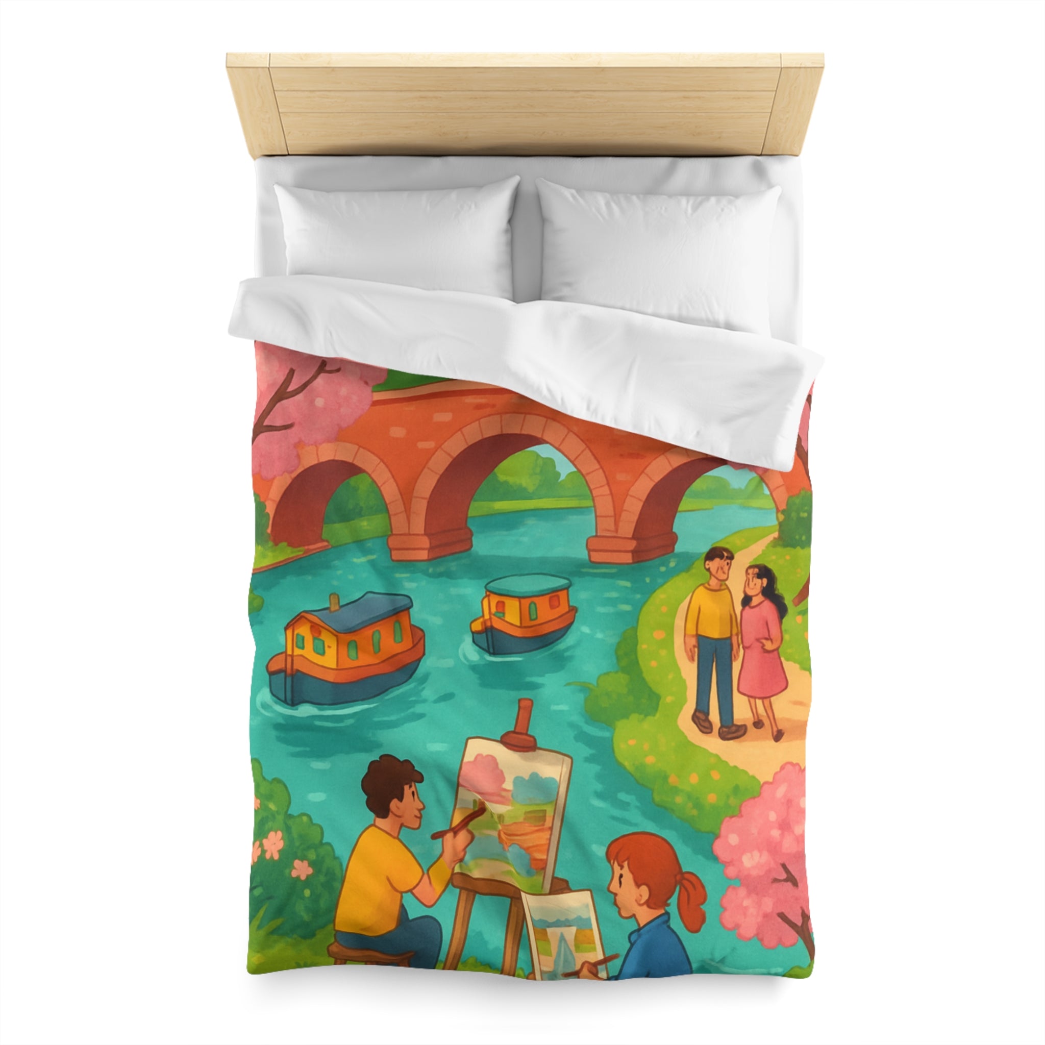 Housse de couette printemps campagne avec paysage pont, arbres en fleurs, artistes peignant