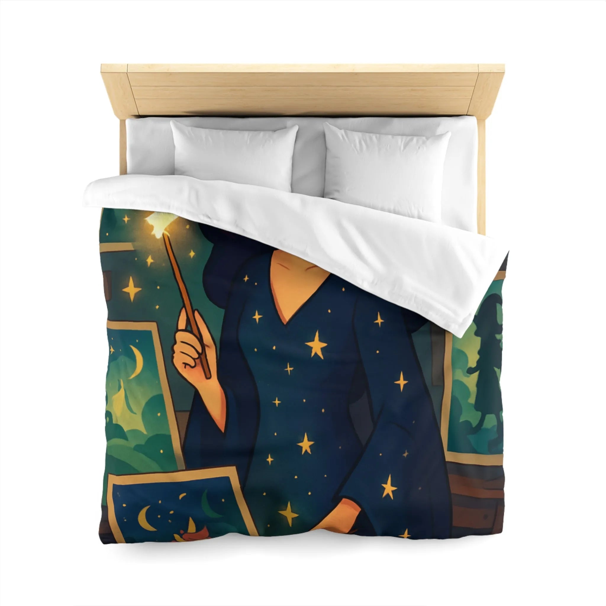 Housse de couette magique avec motif étoilé et créatures fantastiques pour chambre féérique