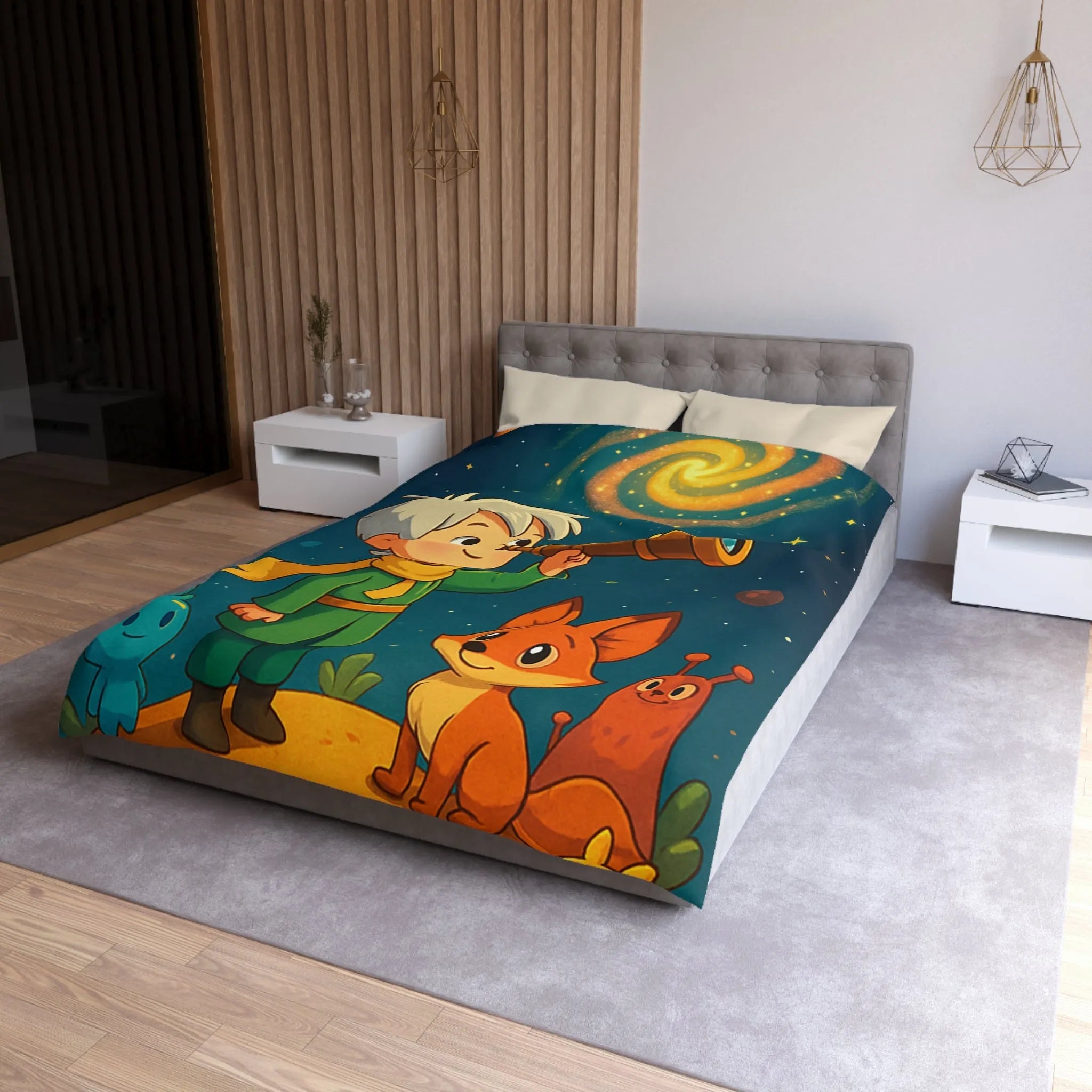 Housse de couette enfant rêveur observant les étoiles avec télescope et animaux adorables