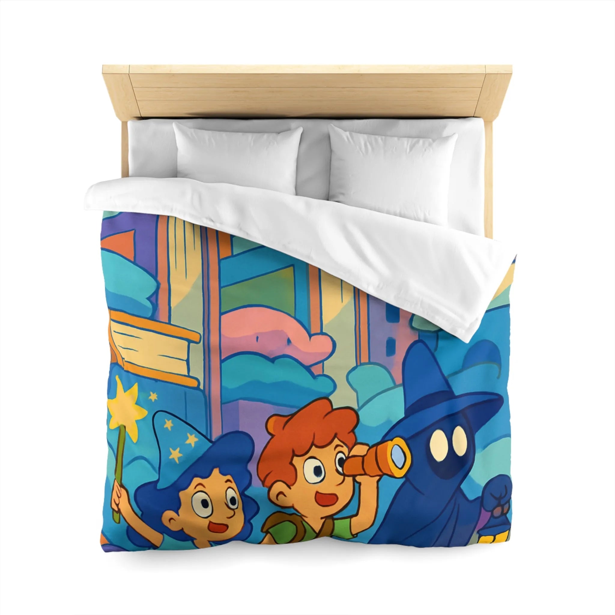 Housse de couette magique enfants avec illustration de sorcier, château et ciel étoilé