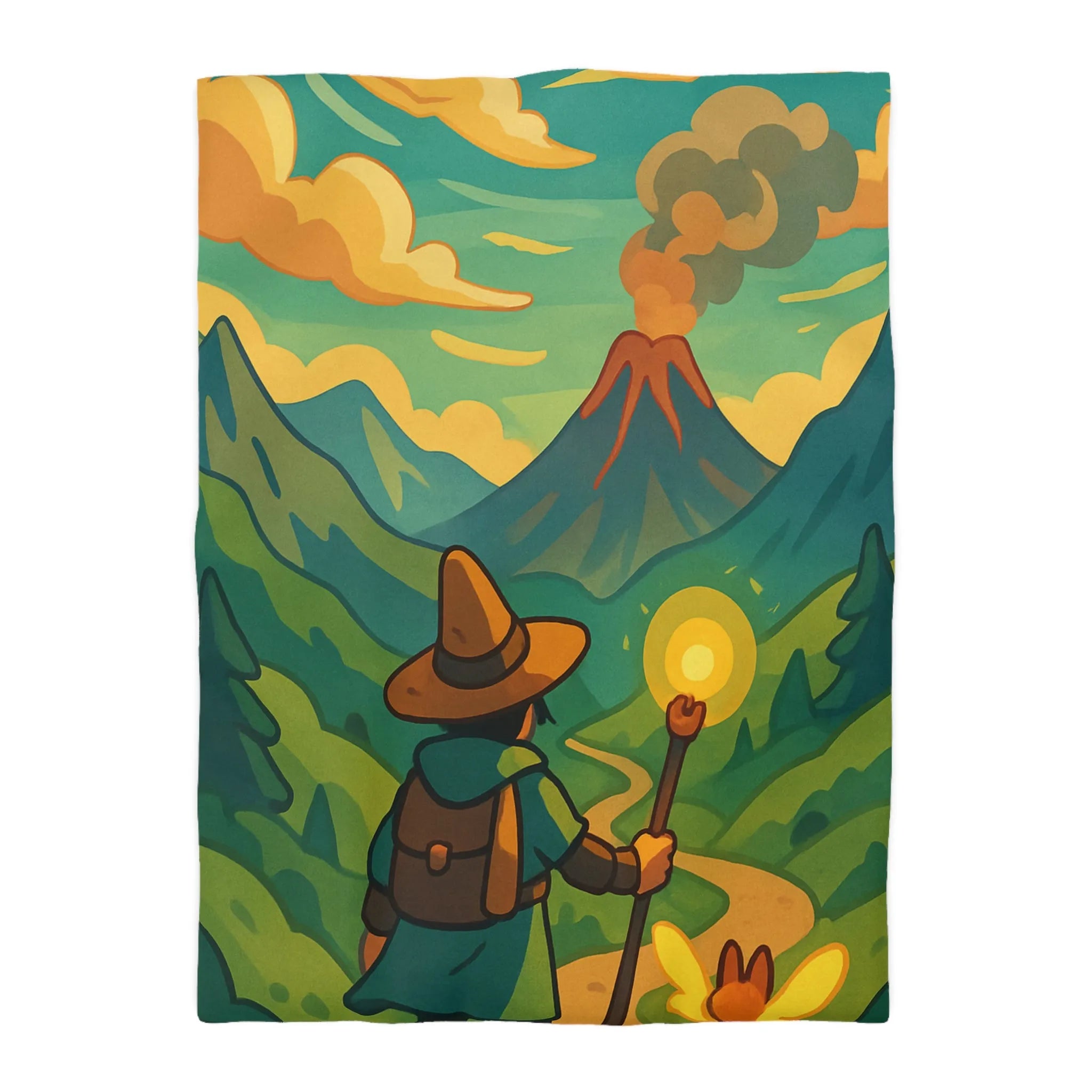 Housse de couette magique aventure volcan, randonnée féerique enchantée animaux rougeoyant lumineux