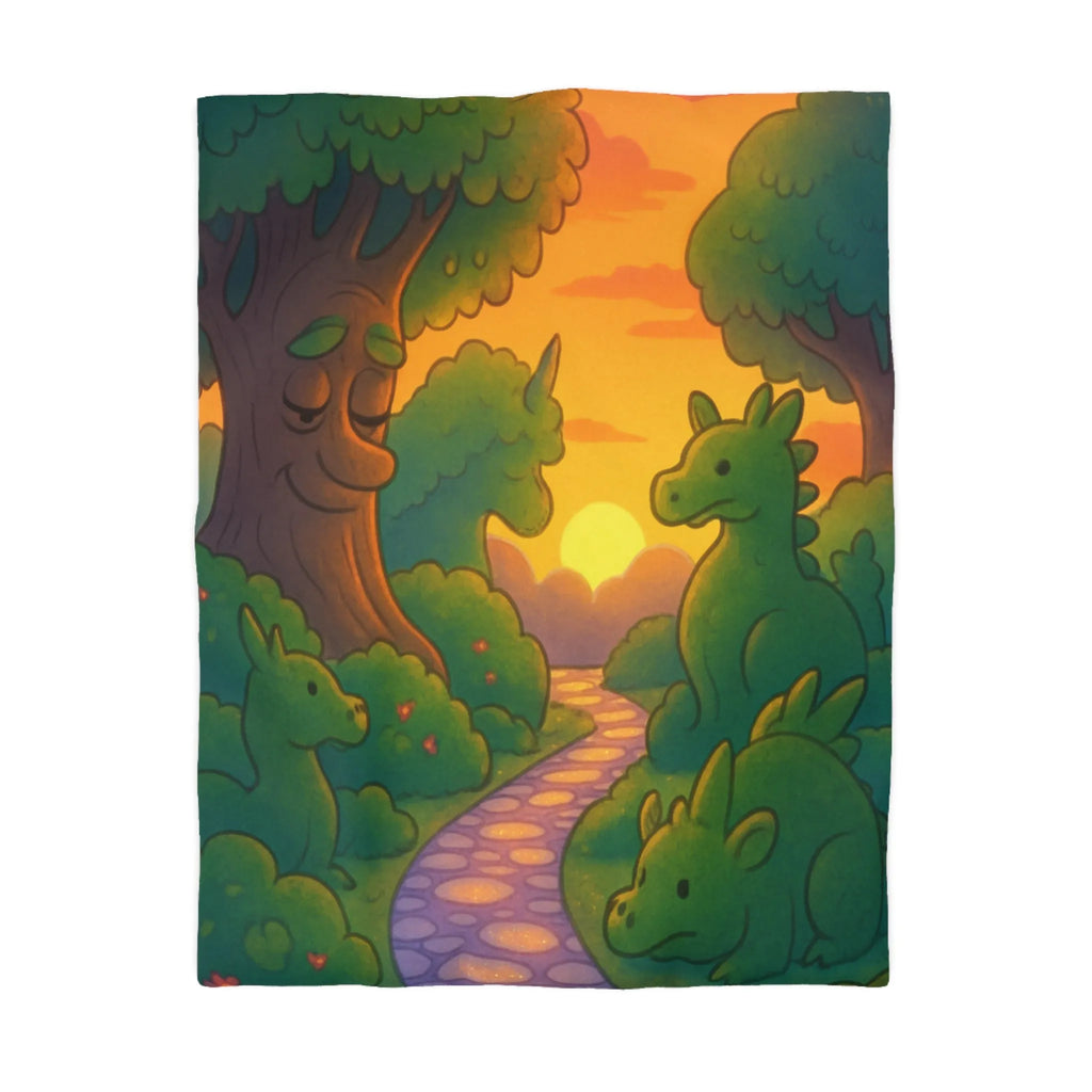 Housse de Couette Enchantée avec Dinosaure au Coucher du Soleil pour Chambre Enfant