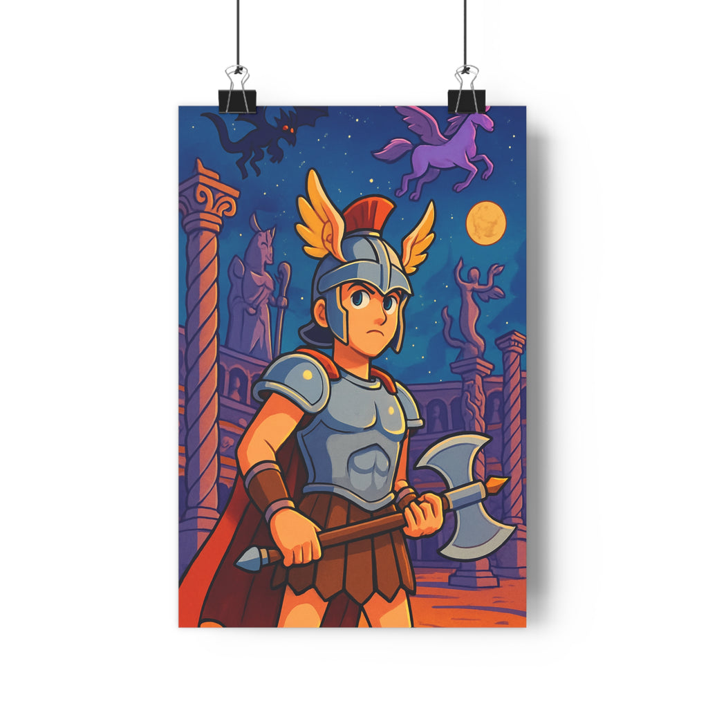 Poster décoratif gladiateur enfant fantasy coloré magique chambre aventure dragon violet noir cartoon qualité