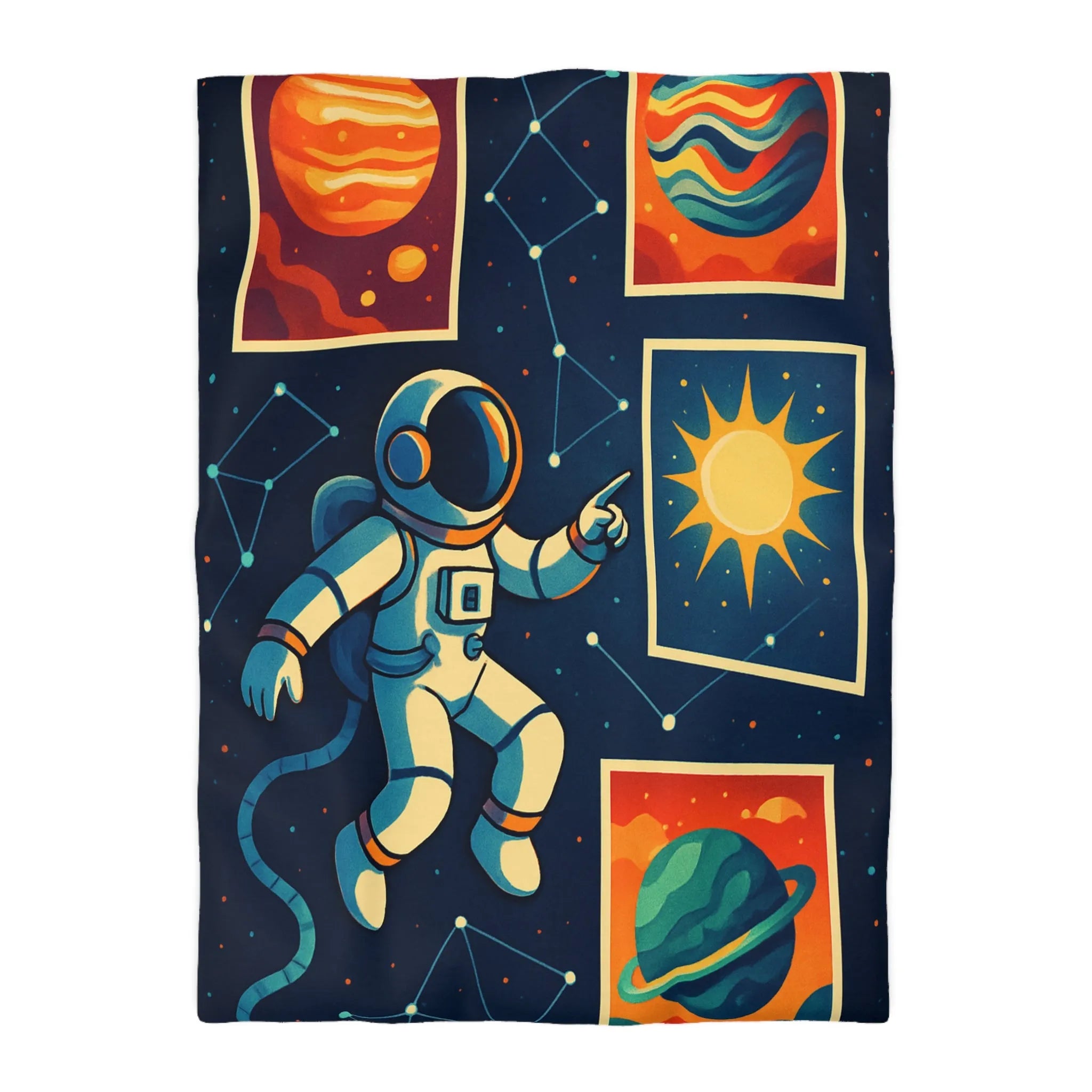 Housse de Couette Espace: Astronaute Flottant parmi Planètes et Constellations, Nuit Étoilée