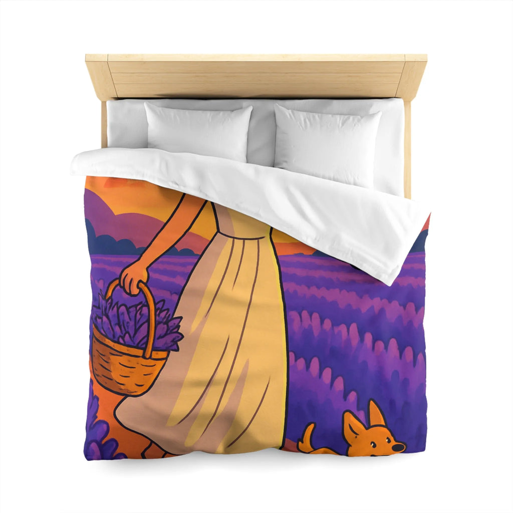 Housse de couette avec design fille et chien dans champ de lavande au coucher du soleil