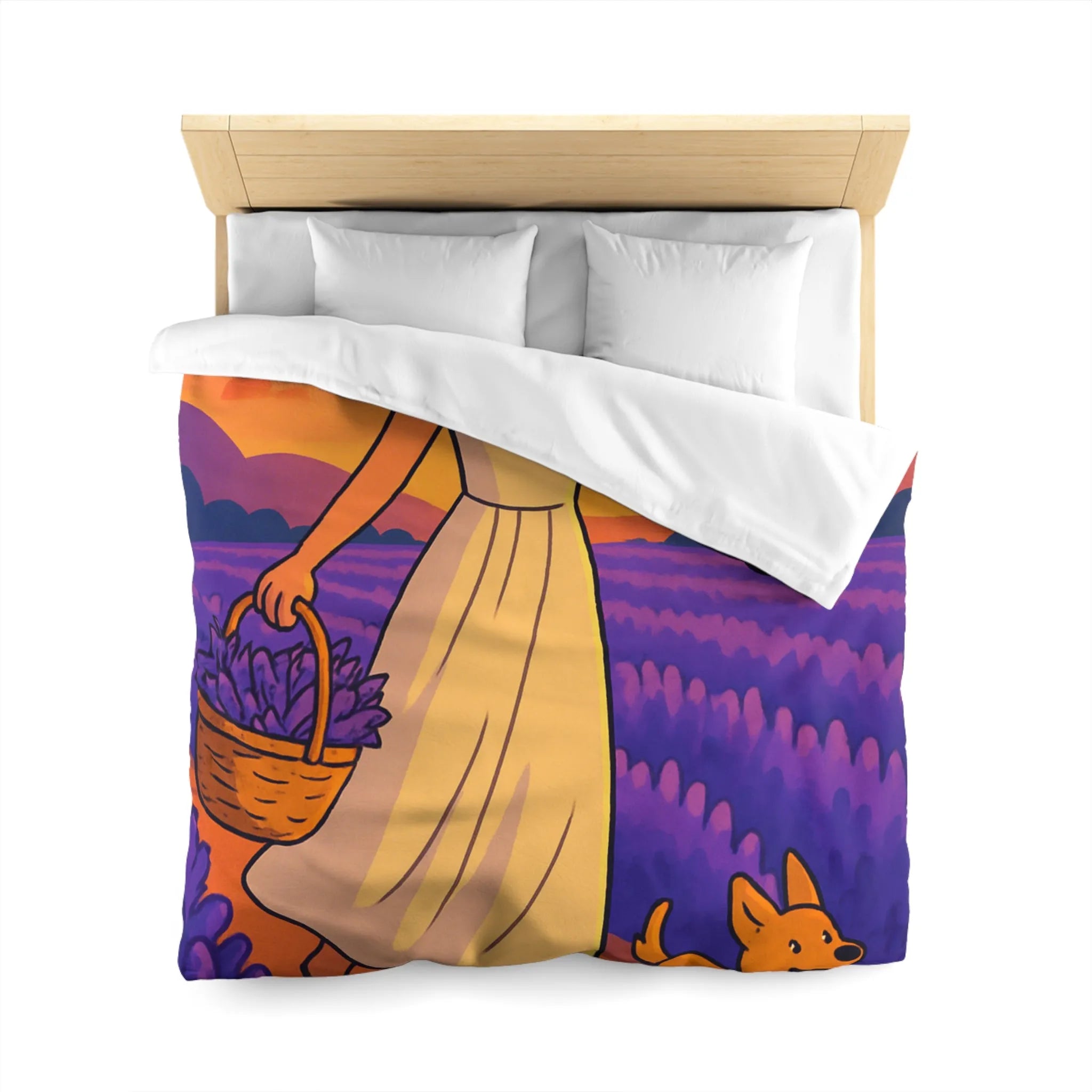 Housse de couette avec design fille et chien dans champ de lavande au coucher du soleil