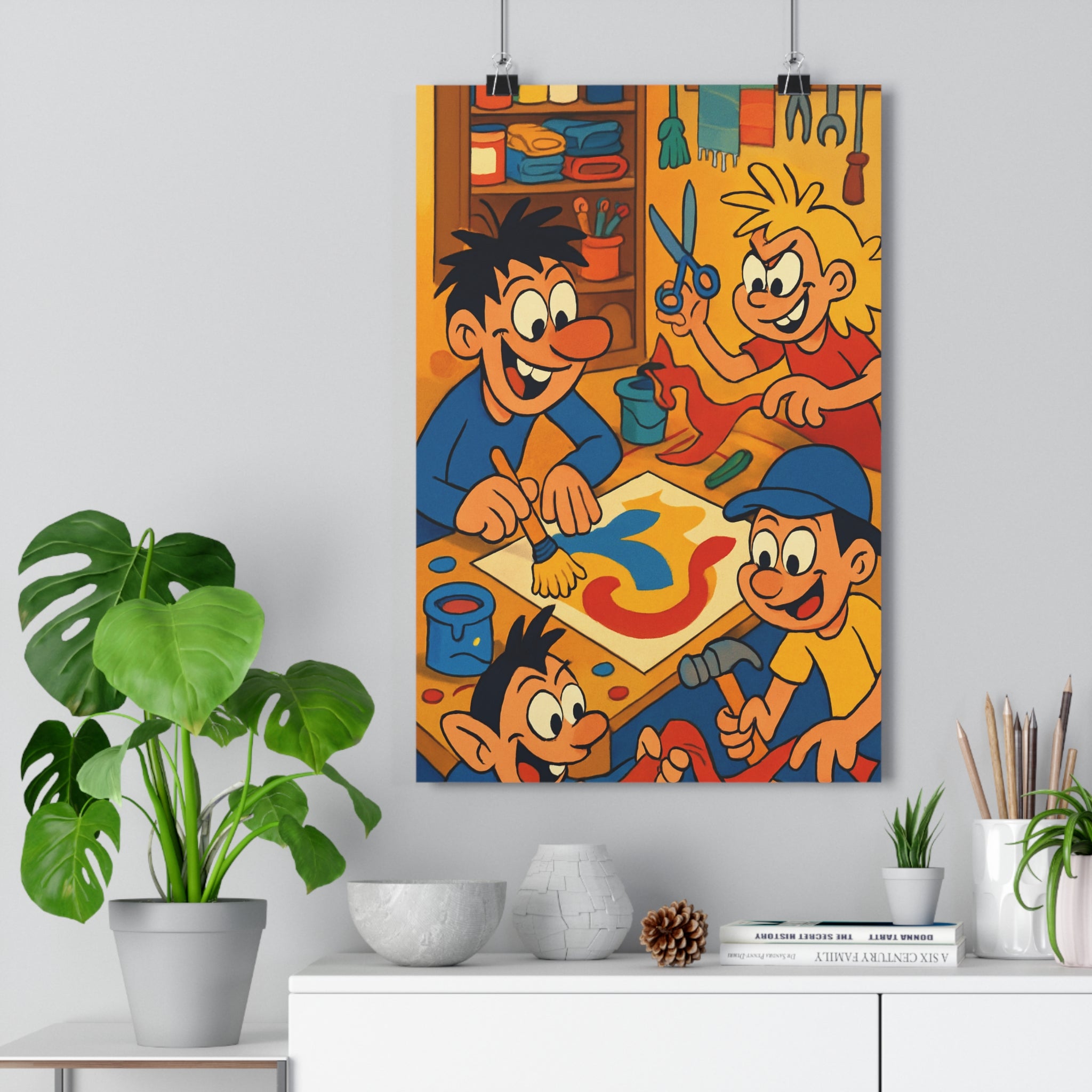 Poster décoratif créatif joyeux enfants jaune rouge bleu chambre art moderne dynamique ambiance collaboration