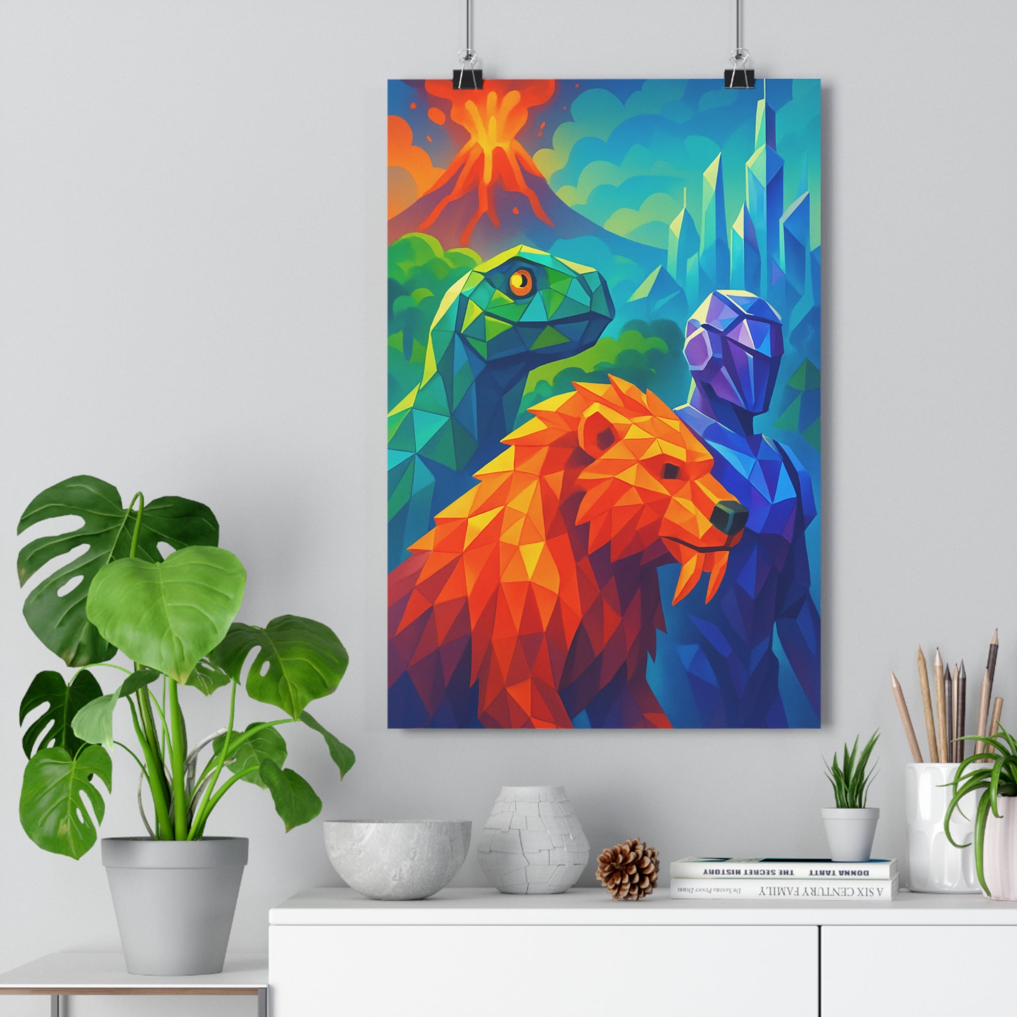 Poster décoratif géométrique vert orange bleu bureau aventure évolutif dynamique vibrant mural artistique éclatant