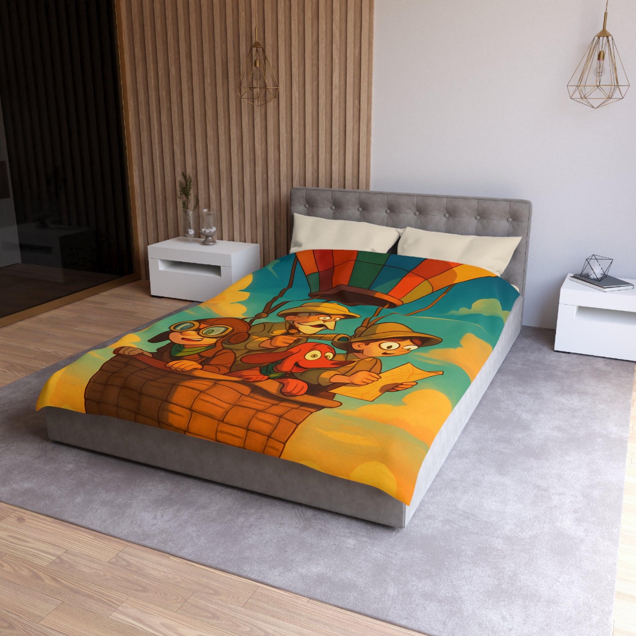 Housse de Couette Montgolfière Aventure Enfants et Chien Colorée pour Chambres Ludiques