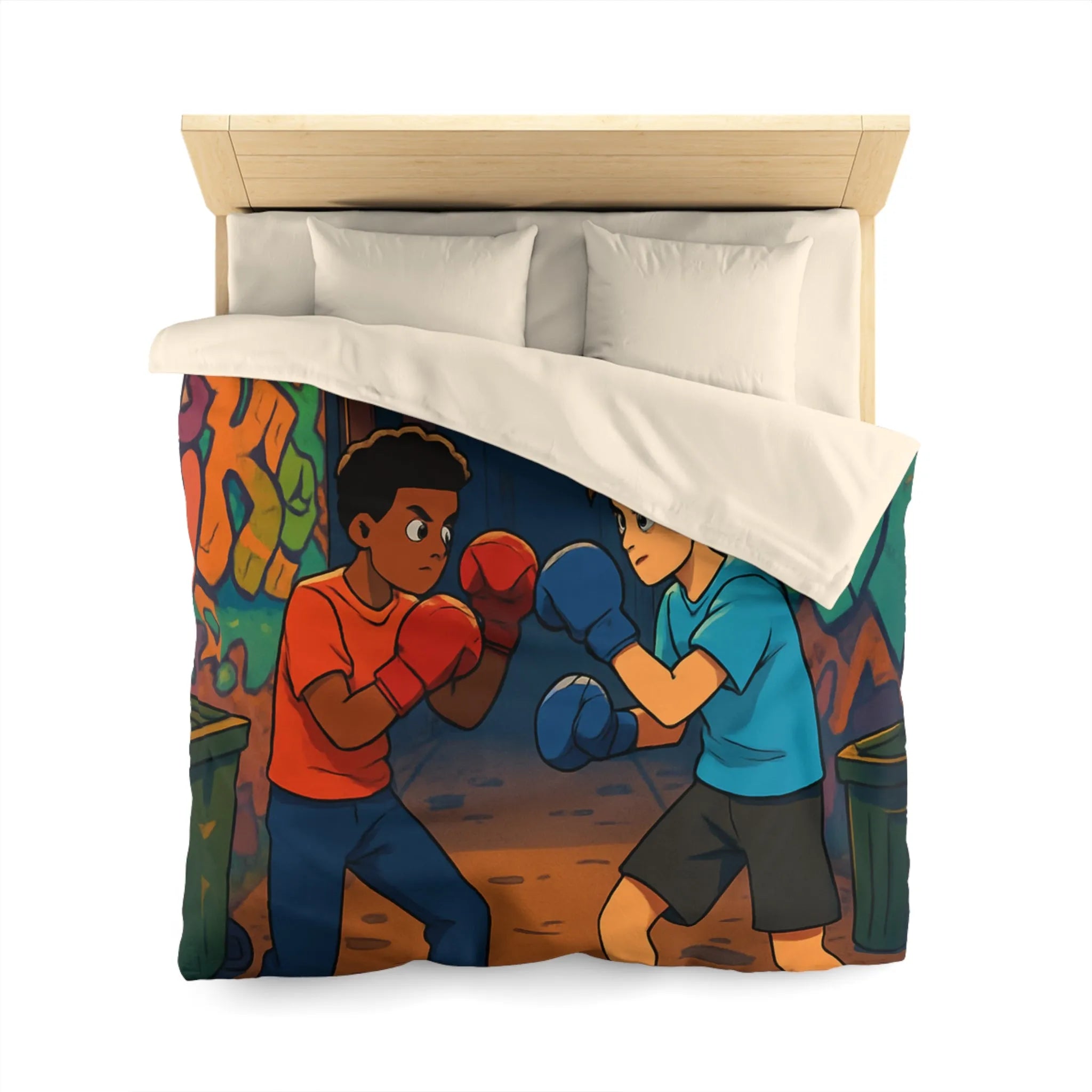 Housse De Couette Boxe Enfantine Nuit Sur Rue Graffitée Avec Lampadaires Illuminés