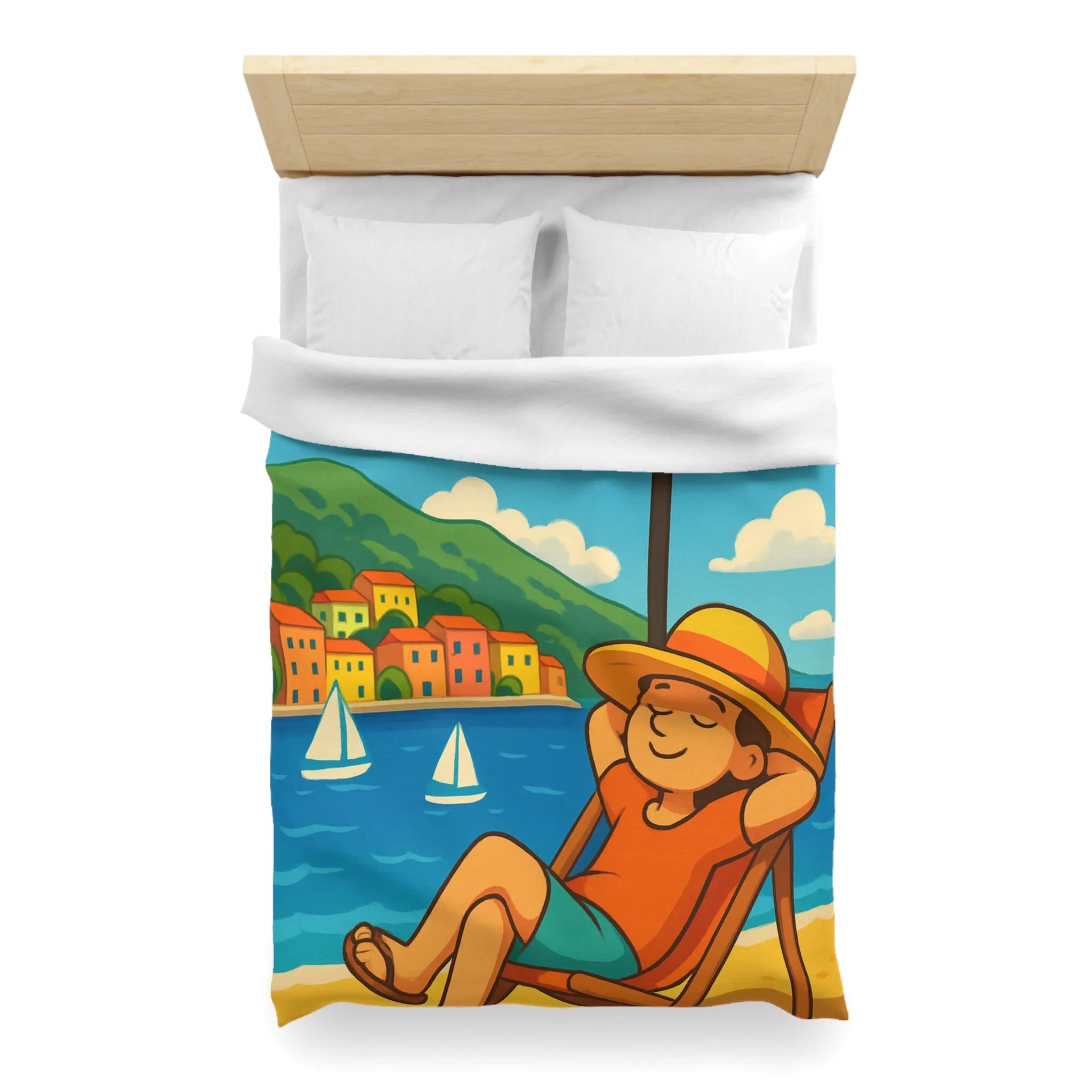 Housse de Couette Colorée Plage avec Parasol, Mer et Voiliers Décontractés Illustration