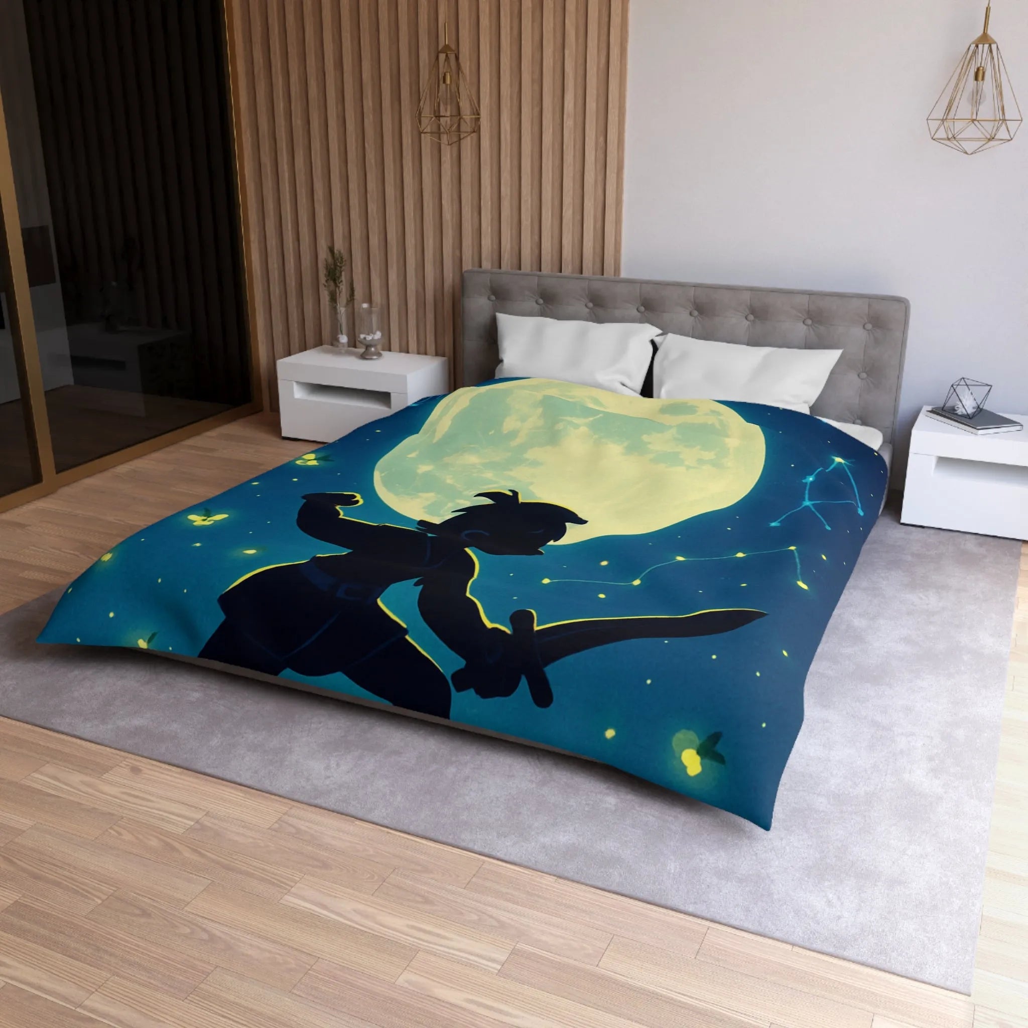 Housse de couette enfant design aventurier nocturne avec lune et constellations magiques