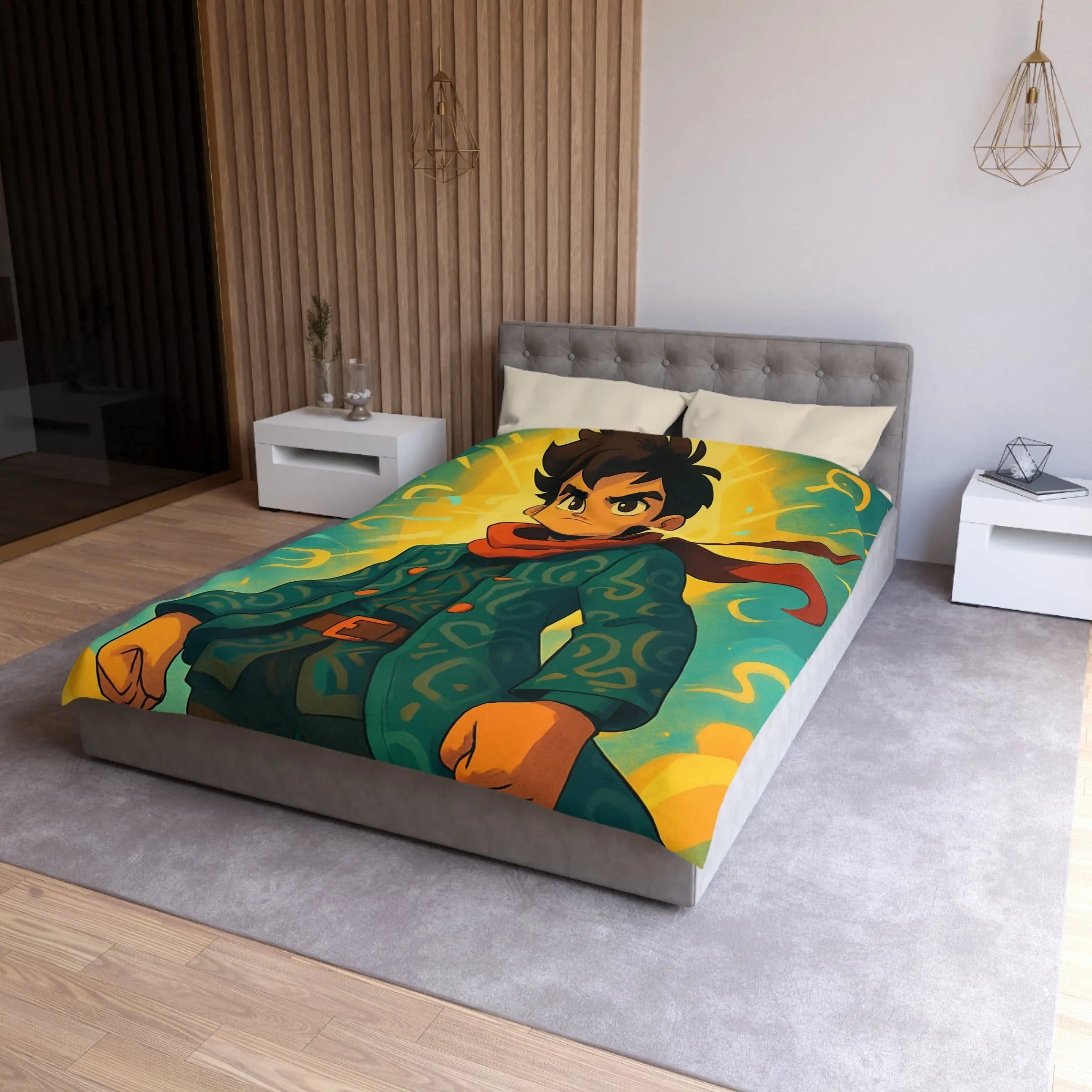 Éclatante illustration magique pour housse de couette avec personnage courageux et motifs abstraits colorés