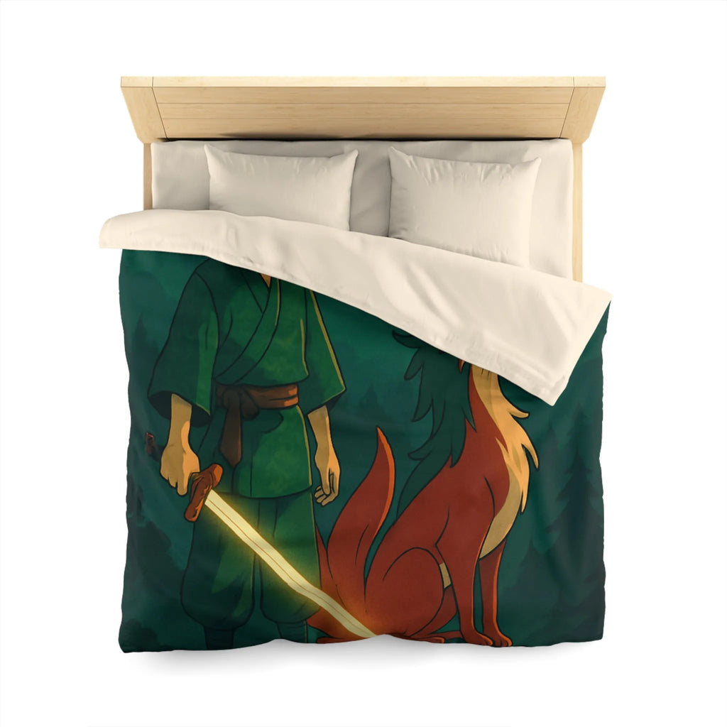 Housse de couette épique avec lune rouge, scène mystique et créature légendaire