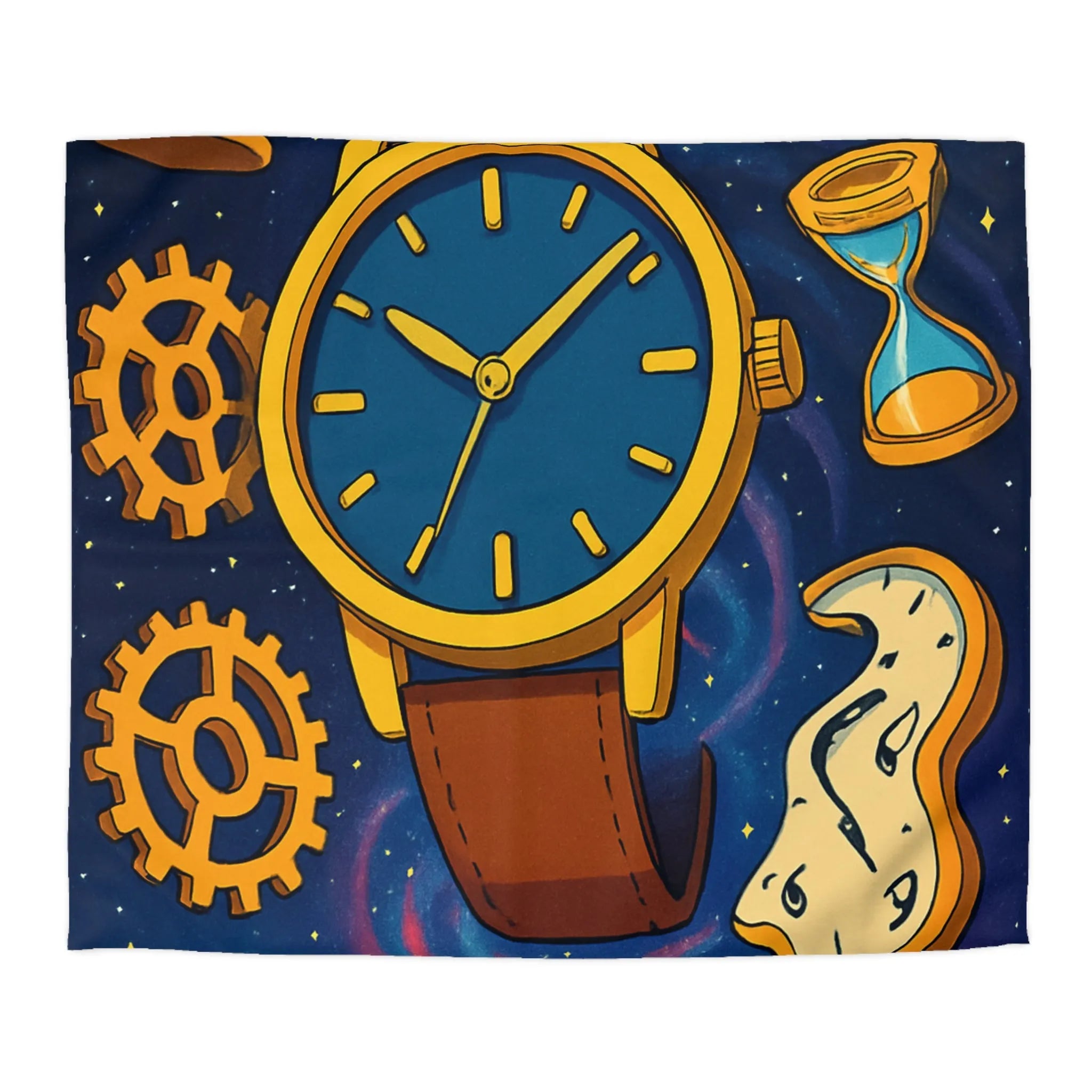 Housse de Couette Inspirée de l'Espace avec Montre Vintage et Sabliers Jaunes