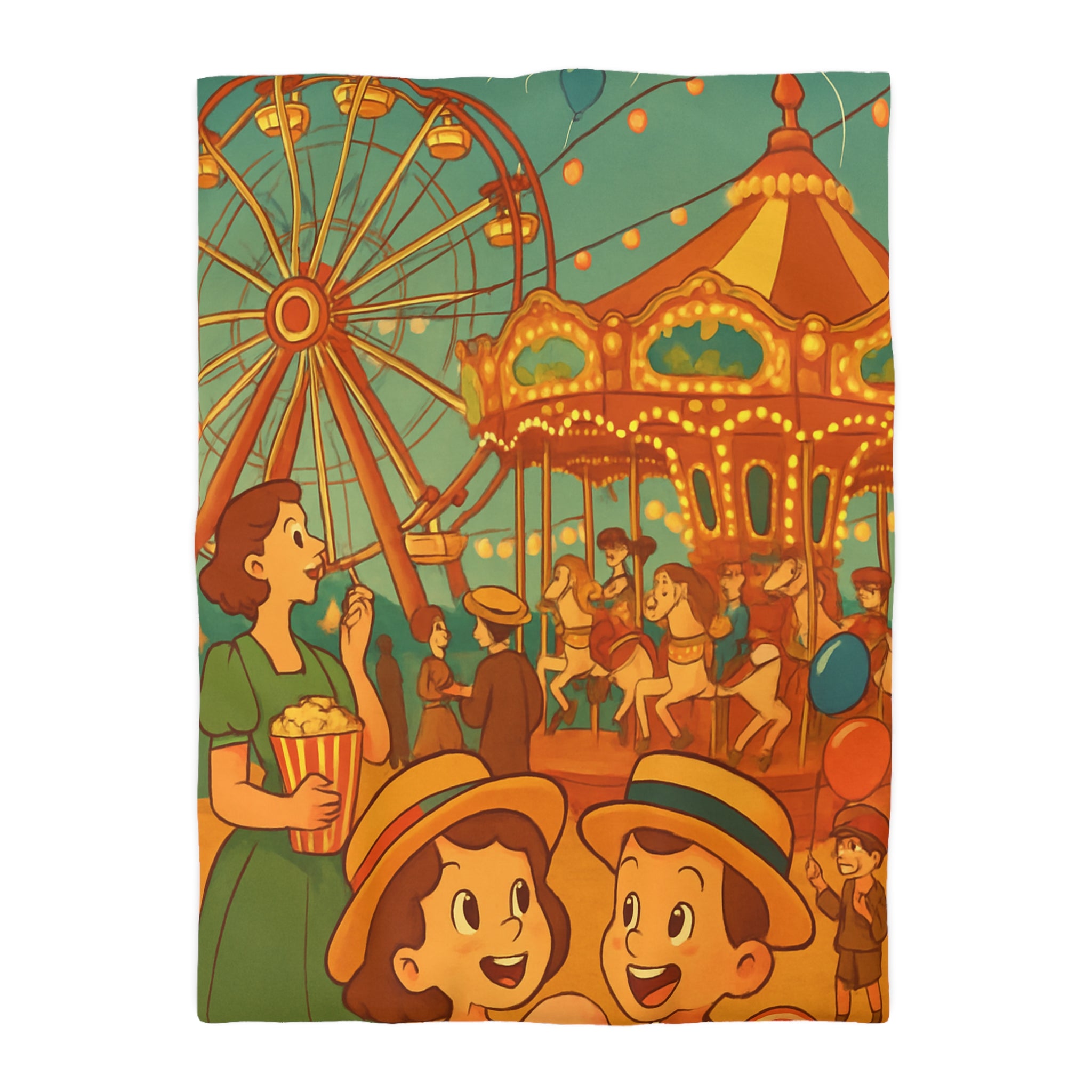 Housse de Couette Vintage Enfants et Fête Foraine avec Ballons, Manège et Grande Roue
