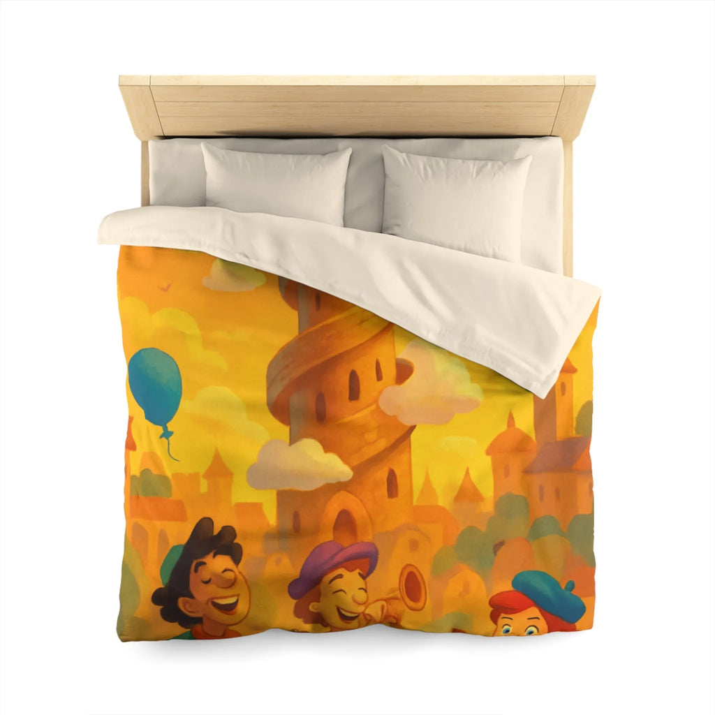 Housse de couette colorée imprimée d'une scène joyeuse avec tours et ballons pastel