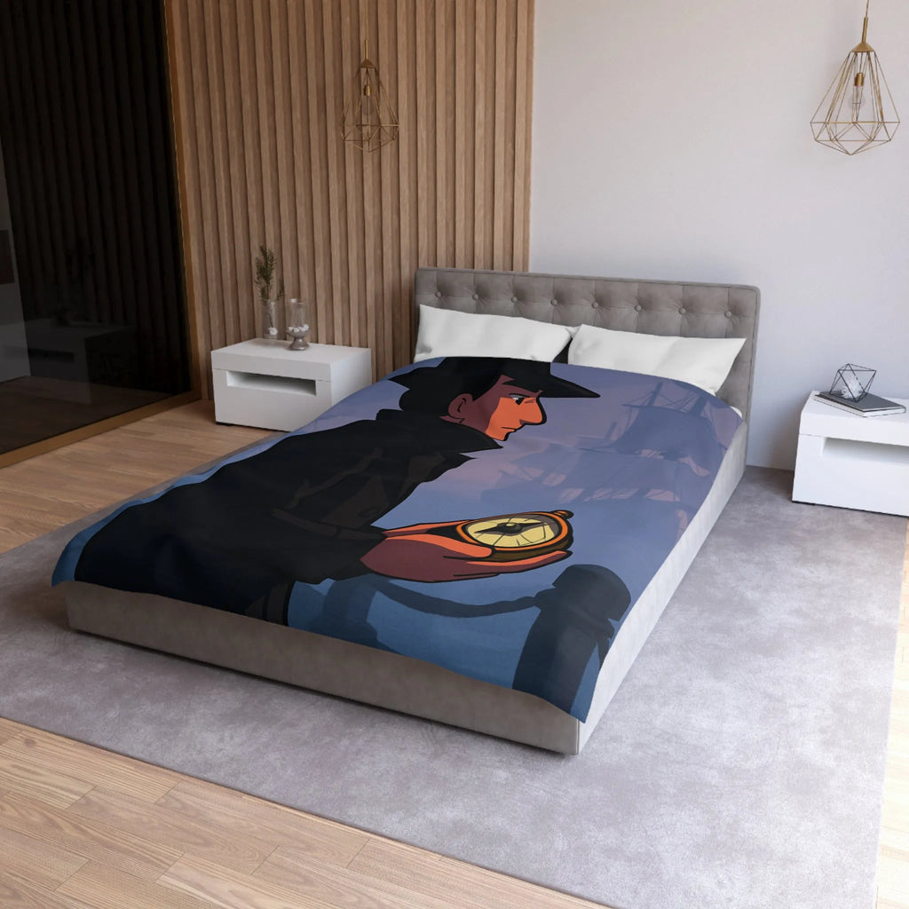 Élégant homme en manteau sombre tenant une boussole devant un port brumeux