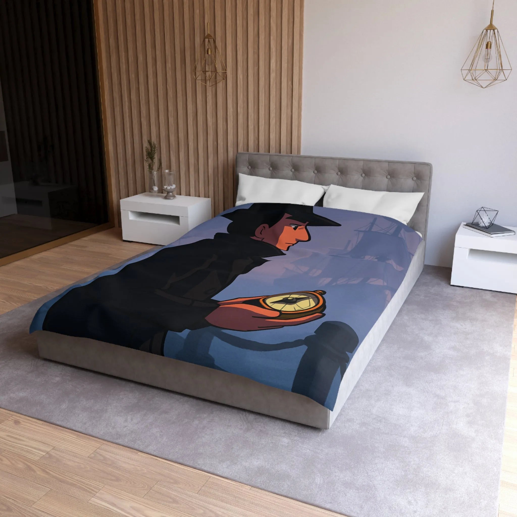 Élégant homme en manteau sombre tenant une boussole devant un port brumeux