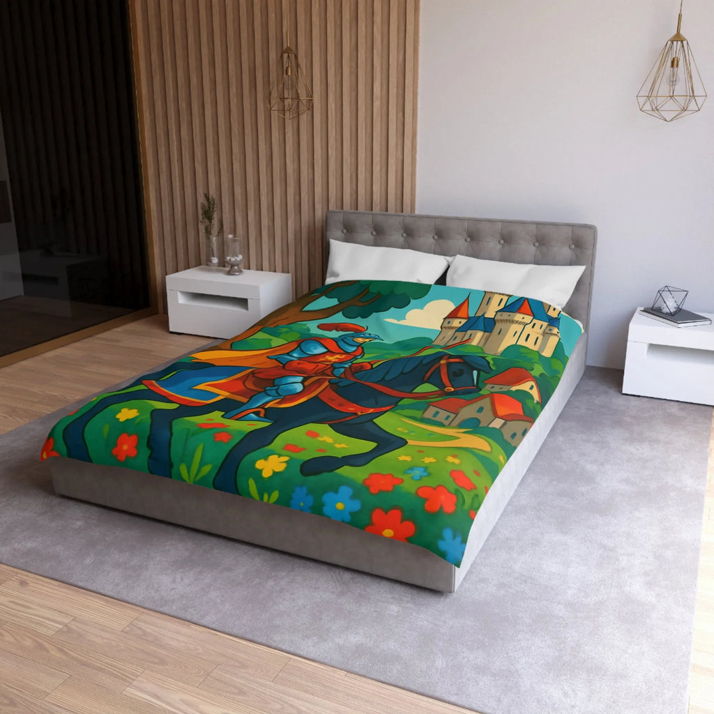 Housse de couette chevalier médiéval illustrée avec château et paysage floral vibrant