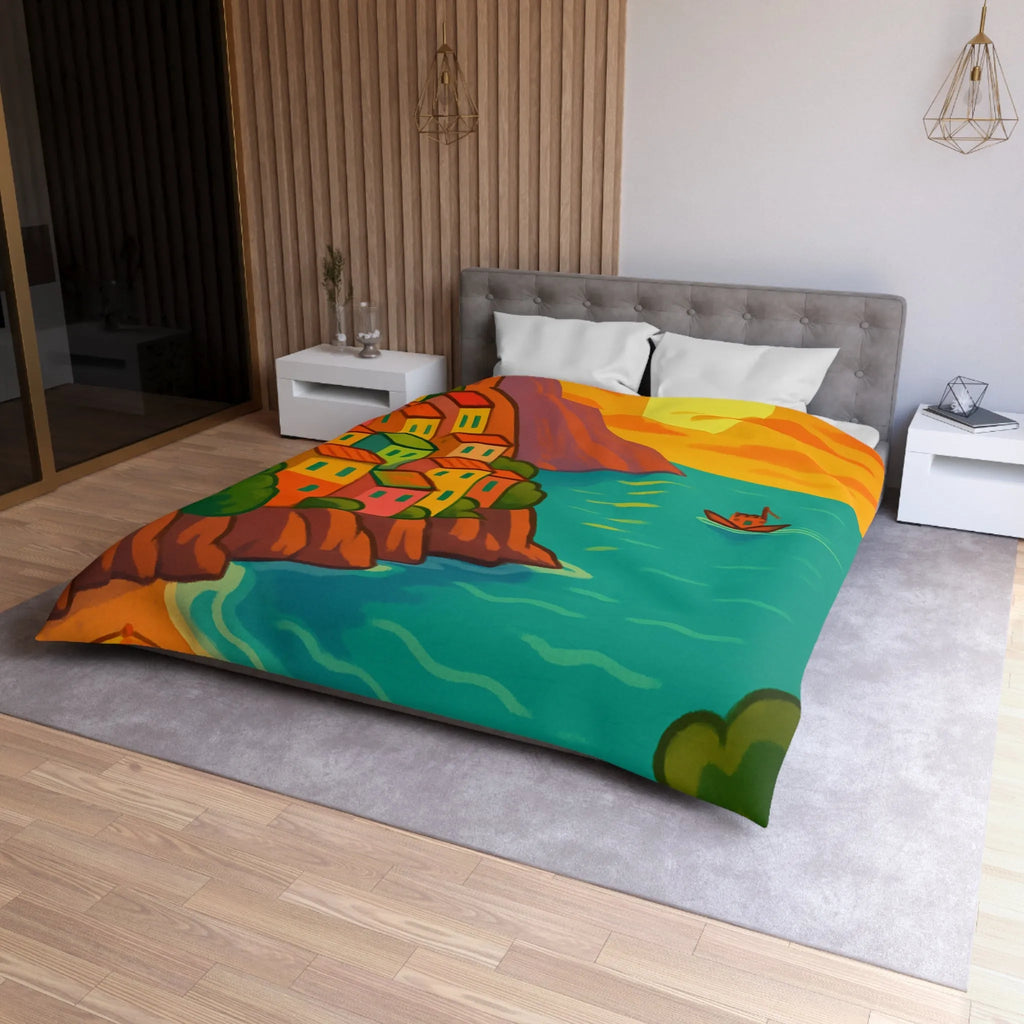 Housse de couette avec paysage côtier éclatant sous coucher de soleil vibrant et artistique