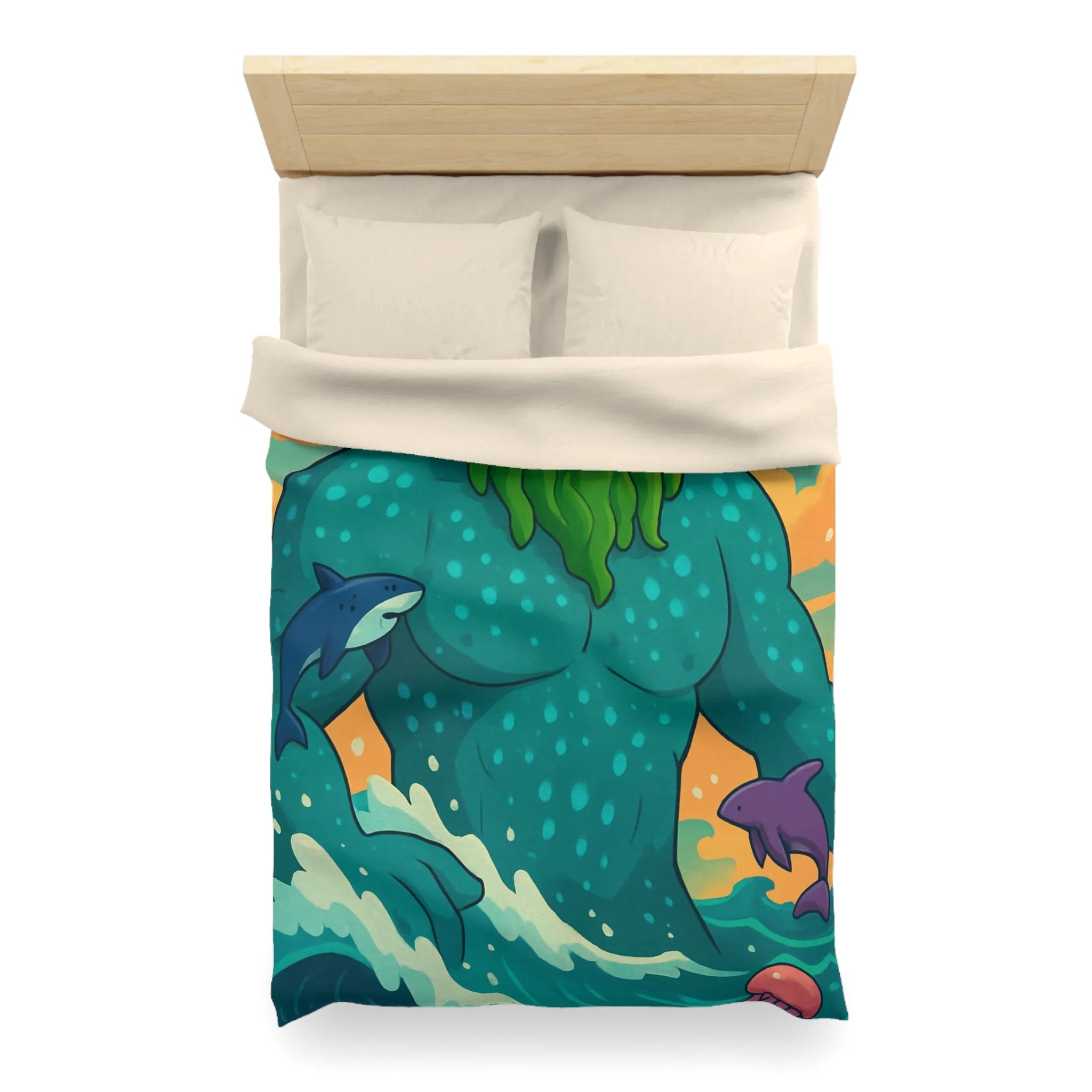 Housse de couette avec géant des mers, faune marine et ciel coloré