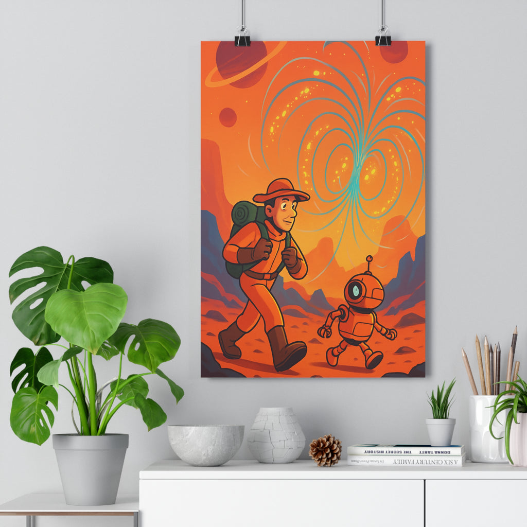 Poster décoratif aventure spatiale orange sciencefiction cartoon explorateur robot mystère chambre bureau dynamique ambiance
