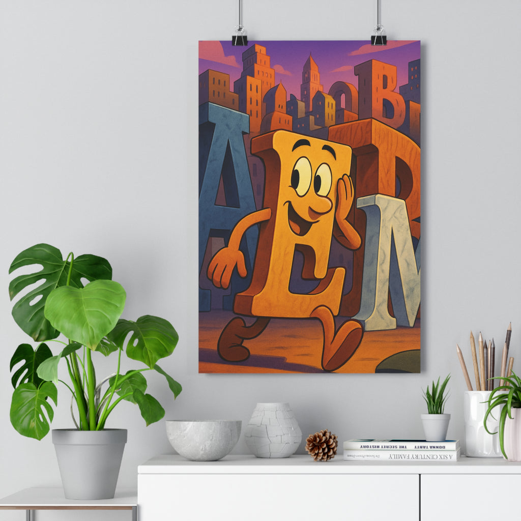 Poster décoratif cartoon vibrant orange bleu violet bureau ludique joyeux animé lettres fantaisie ambiance