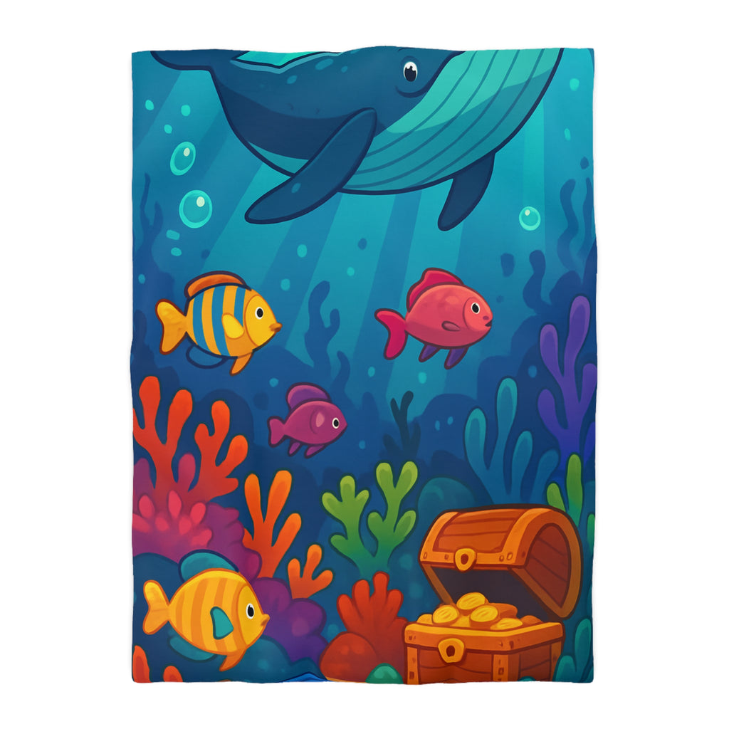 Housse de couette océan magique, baleine heureuse, poissons colorés et trésor sous-marin