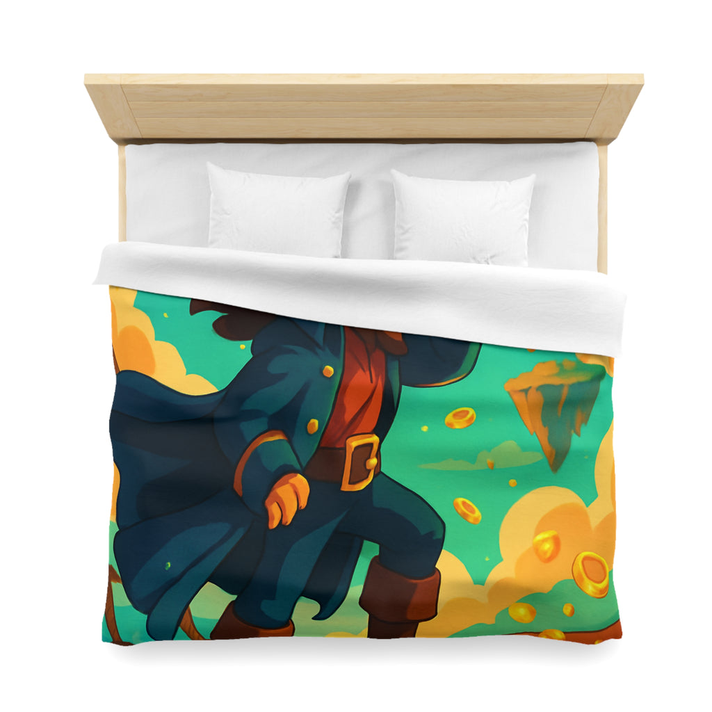 Housse de couette pirate vibrant bleu avec trésor doré et nuages flottants