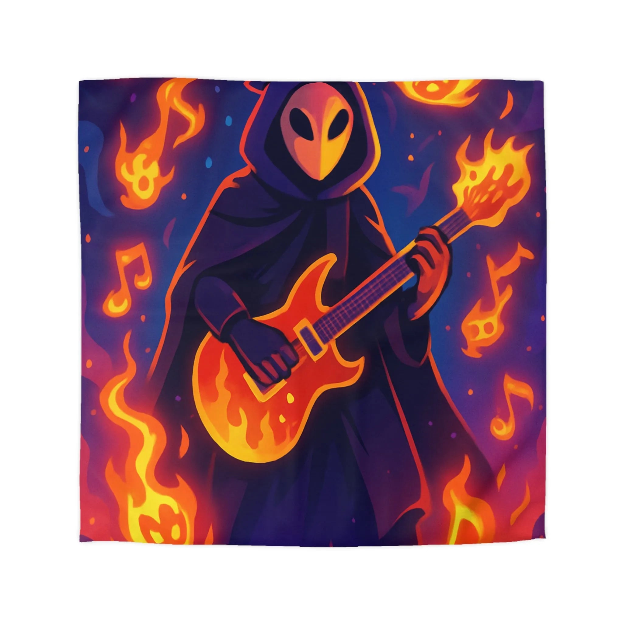 Housse de Couette Envoûtante avec Musicien Mystérieux Jouant de la Guitare en Flammes