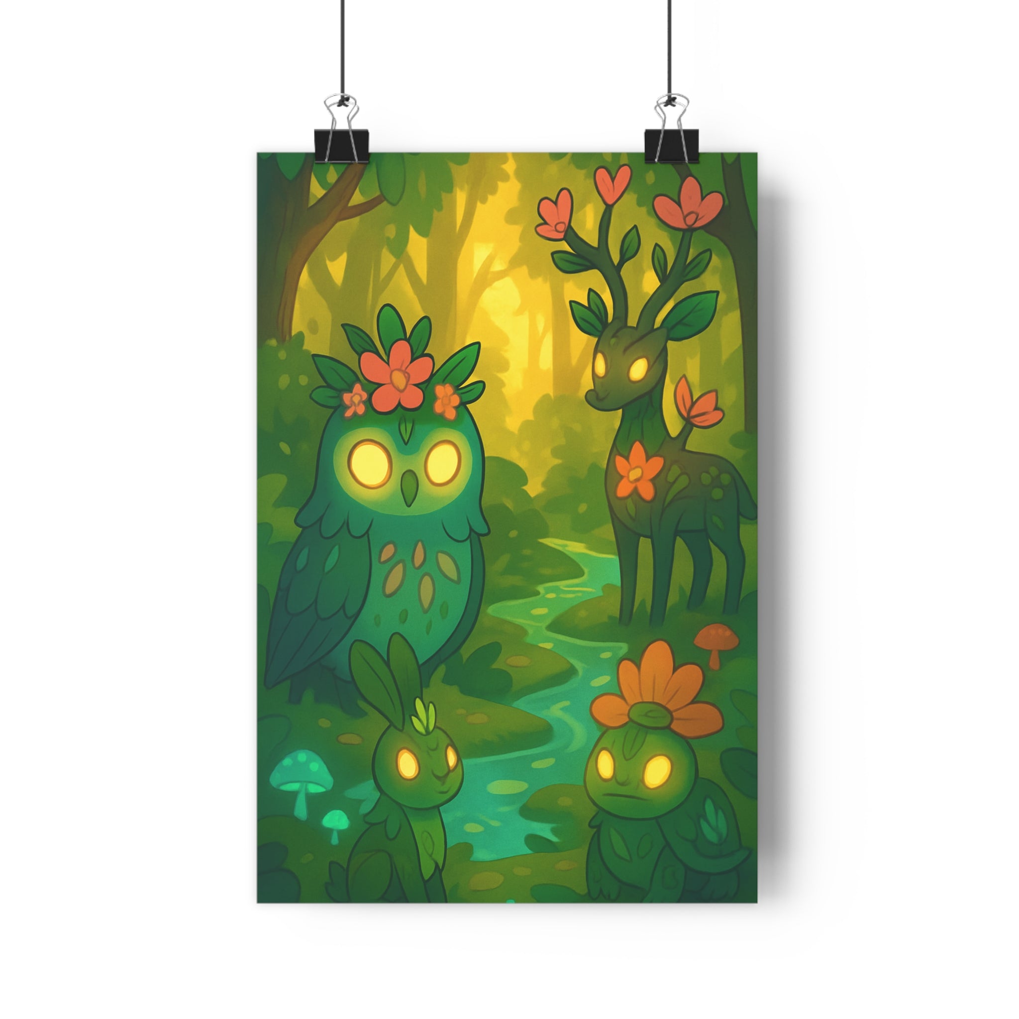 Poster décoratif cartoon vert jaune magique chambre enfant apaisante forêt animaux fleurs 30x46 cm